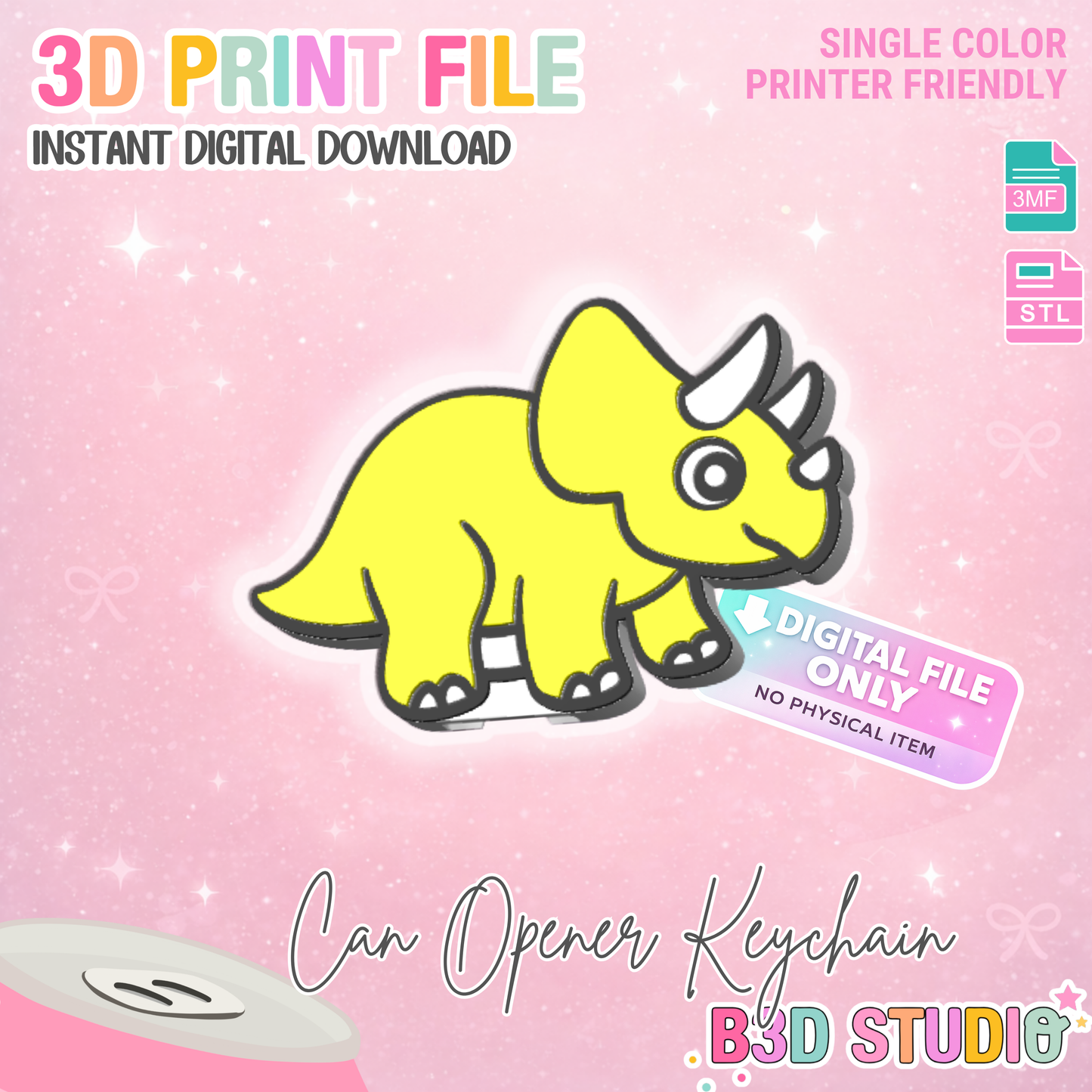 Triceratops Can Opener Keychain 3D Print File (STL + 3MF Digital Download)