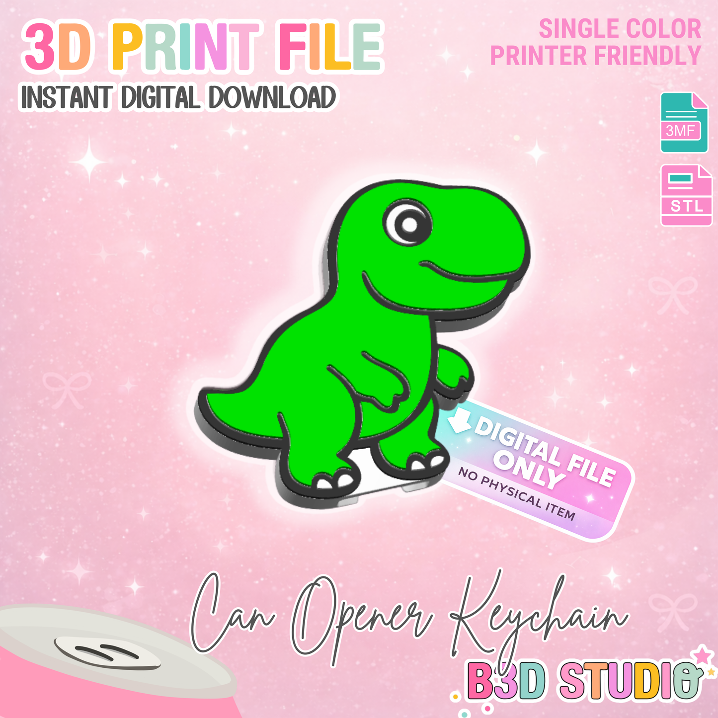 T-Rex Can Opener Keychain 3D Print File (STL + 3MF Digital Download)