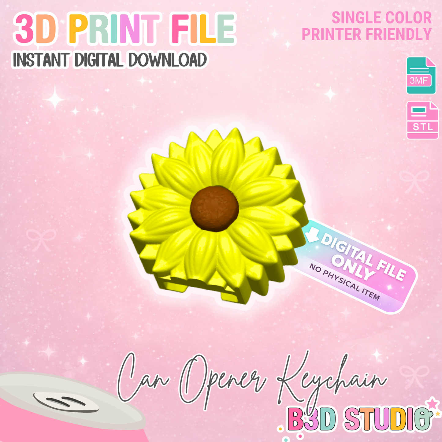 Detailed Sunflower Can Opener Keychain 3D Print File (STL + 3MF Digital Download)