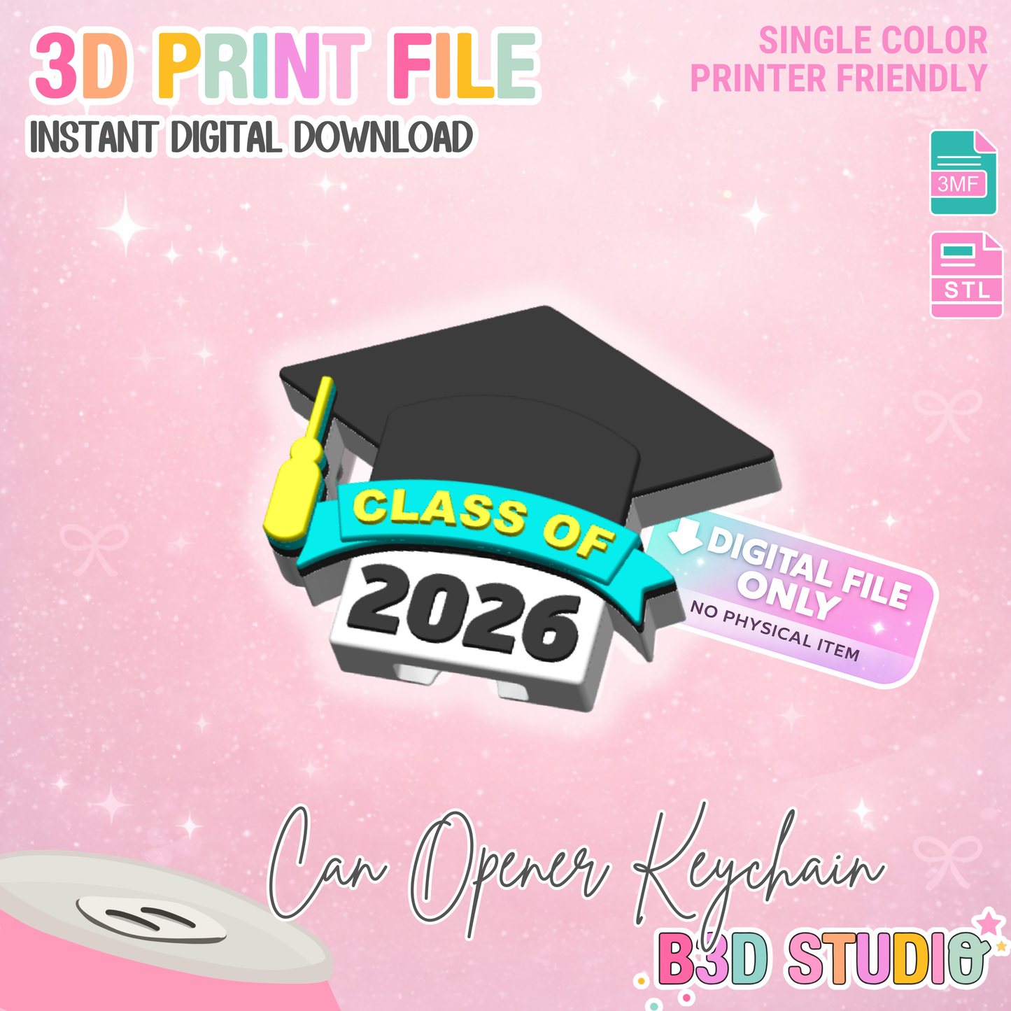 Grad Cap Can Opener Keychain 3D Print File (STL + 3MF Digital Download)