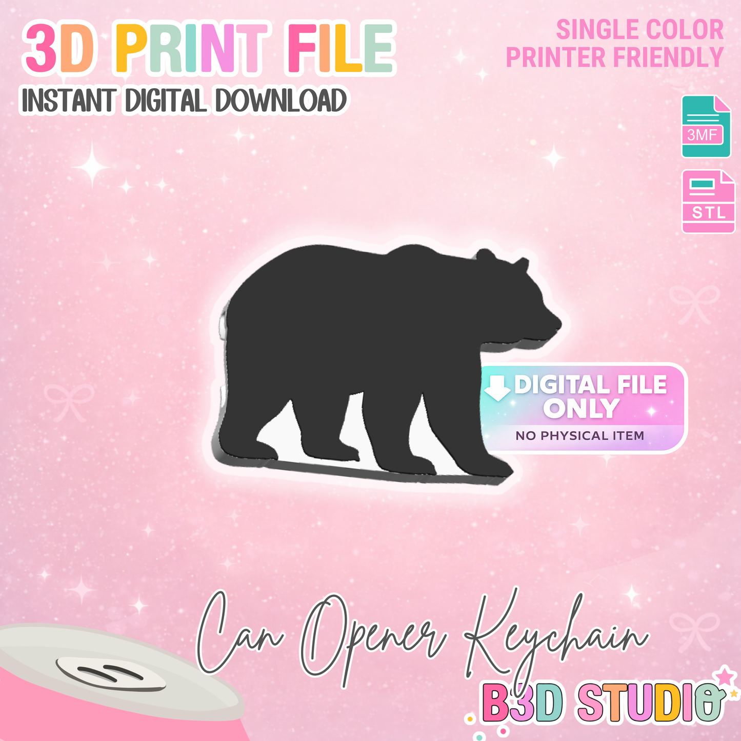 Bear Silhouette Can Opener Keychain 3D Print File, STL & 3MF Digital Download