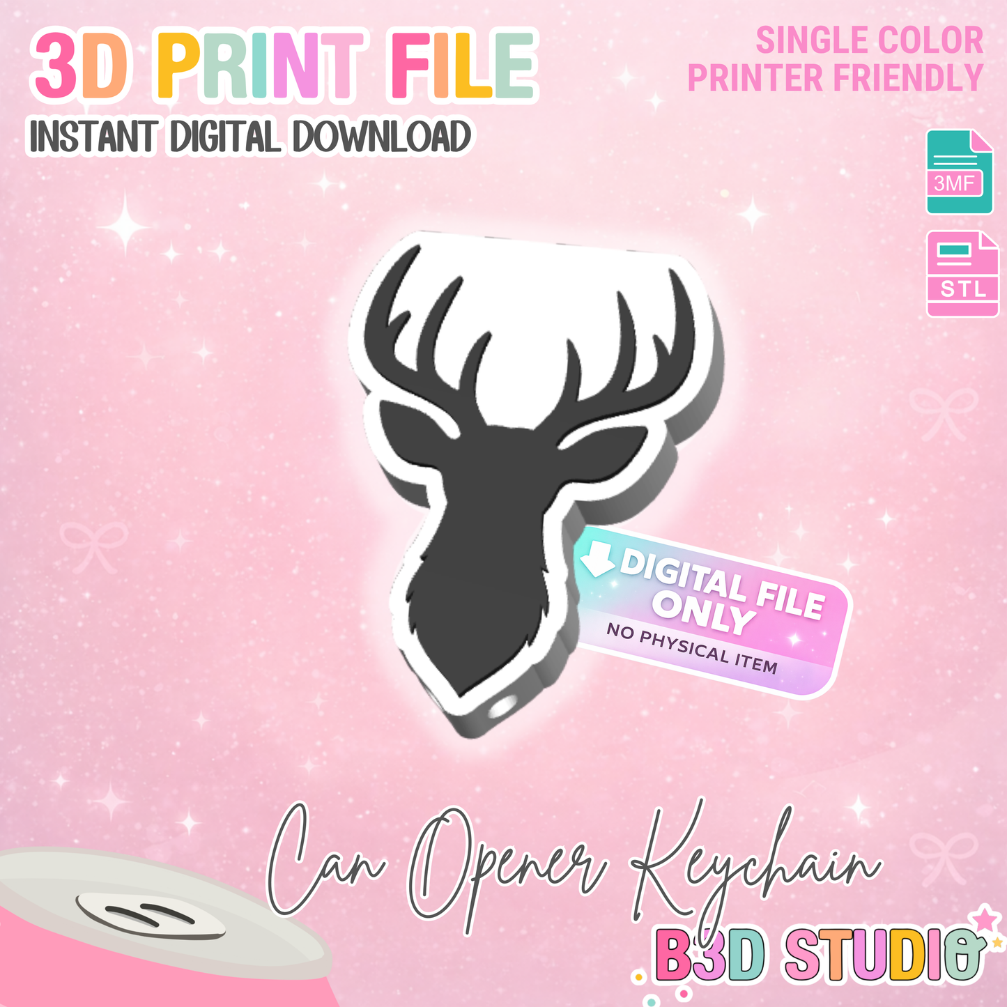 Buck Head Silhouette Can Opener Keychain 3D Print File, STL & 3MF Digital Download