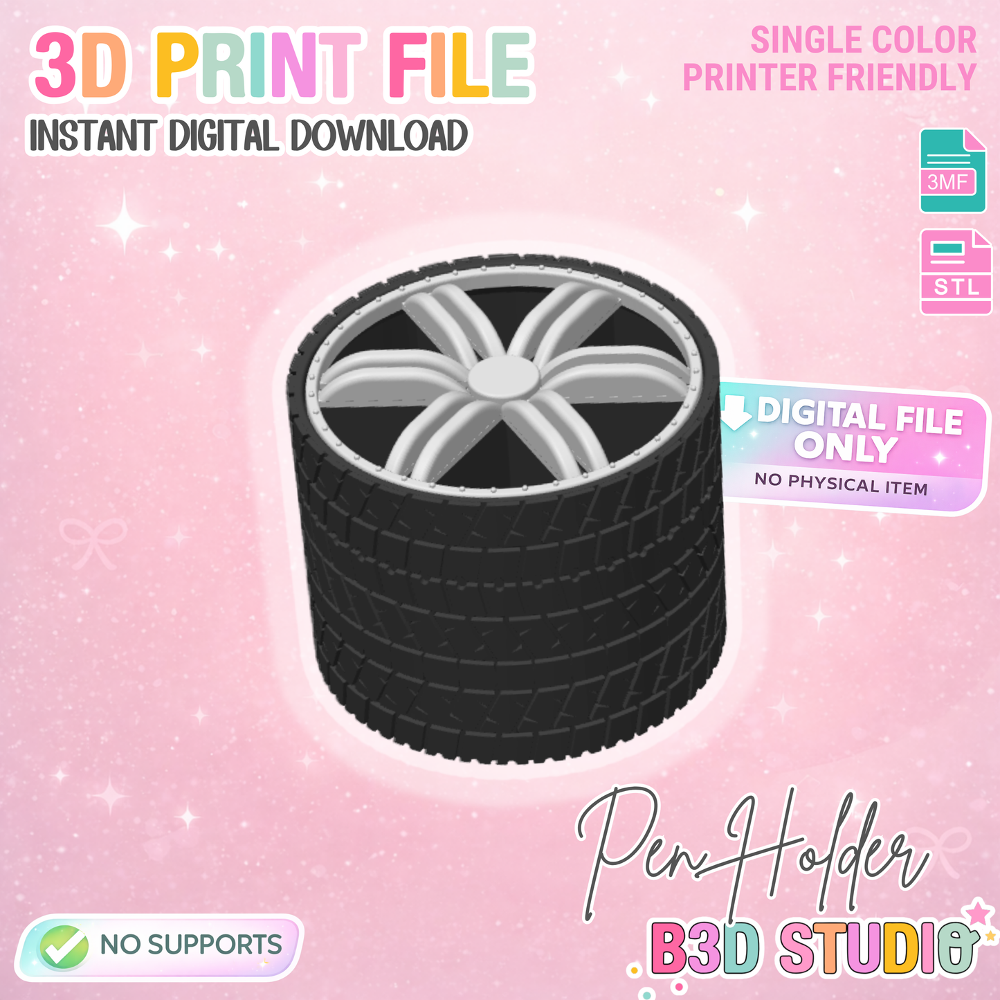 Tire Pen Holder 3D Printable: Garage Desk Decor (STL + 3MF File)