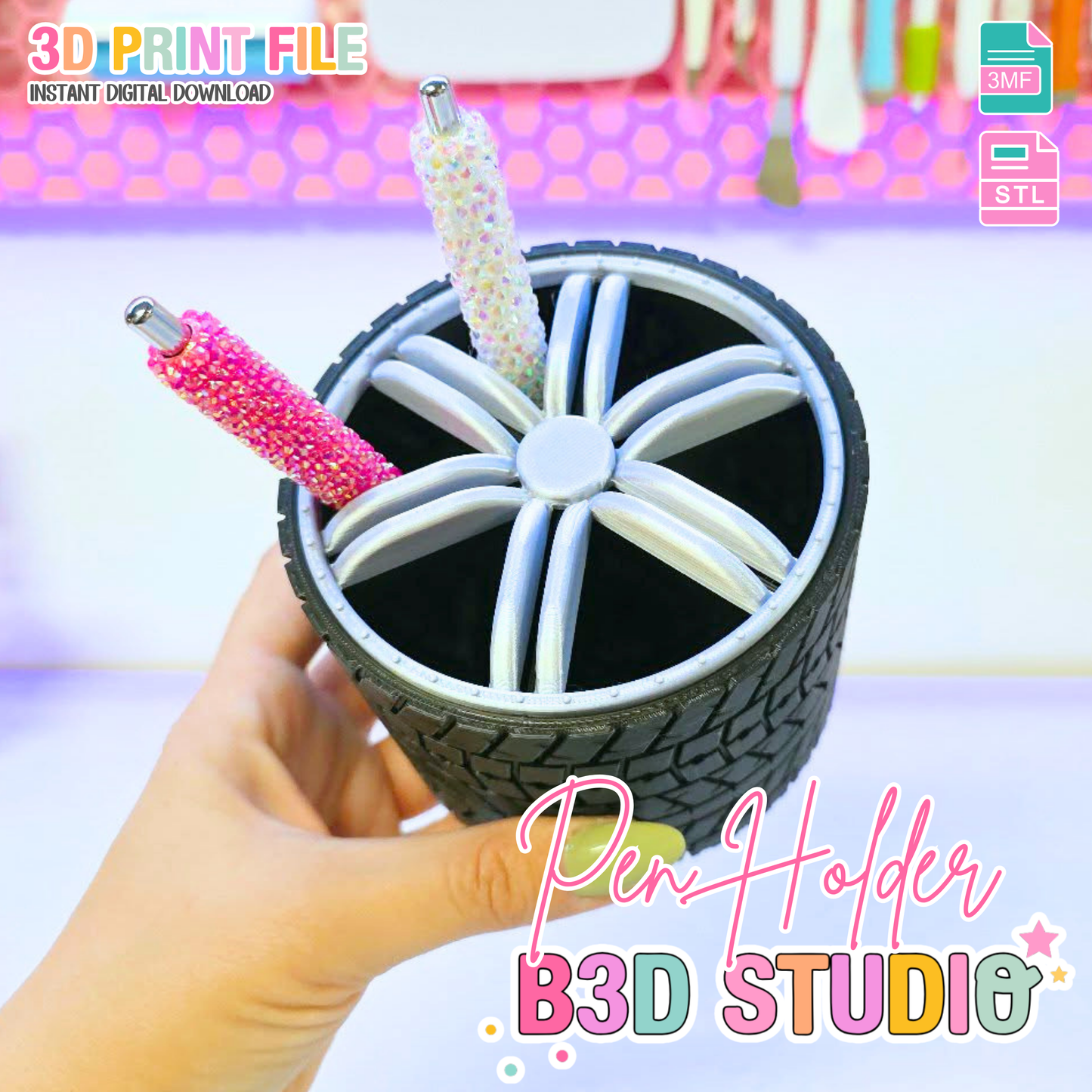 Tire Pen Holder 3D Printable: Garage Desk Decor (STL + 3MF File)
