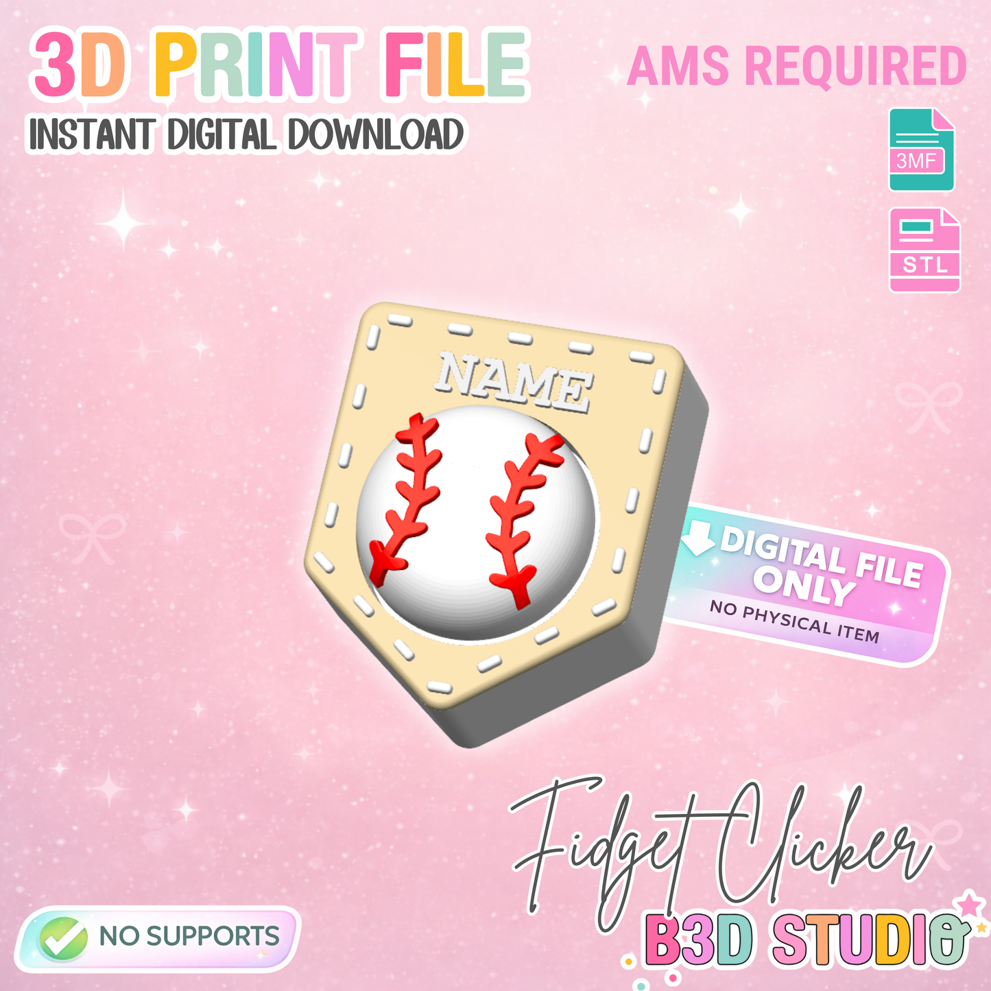 Baseball Softball Home Plate Fidget Clicker STL & 3MF Editable 3D Print File (Digital Download)
