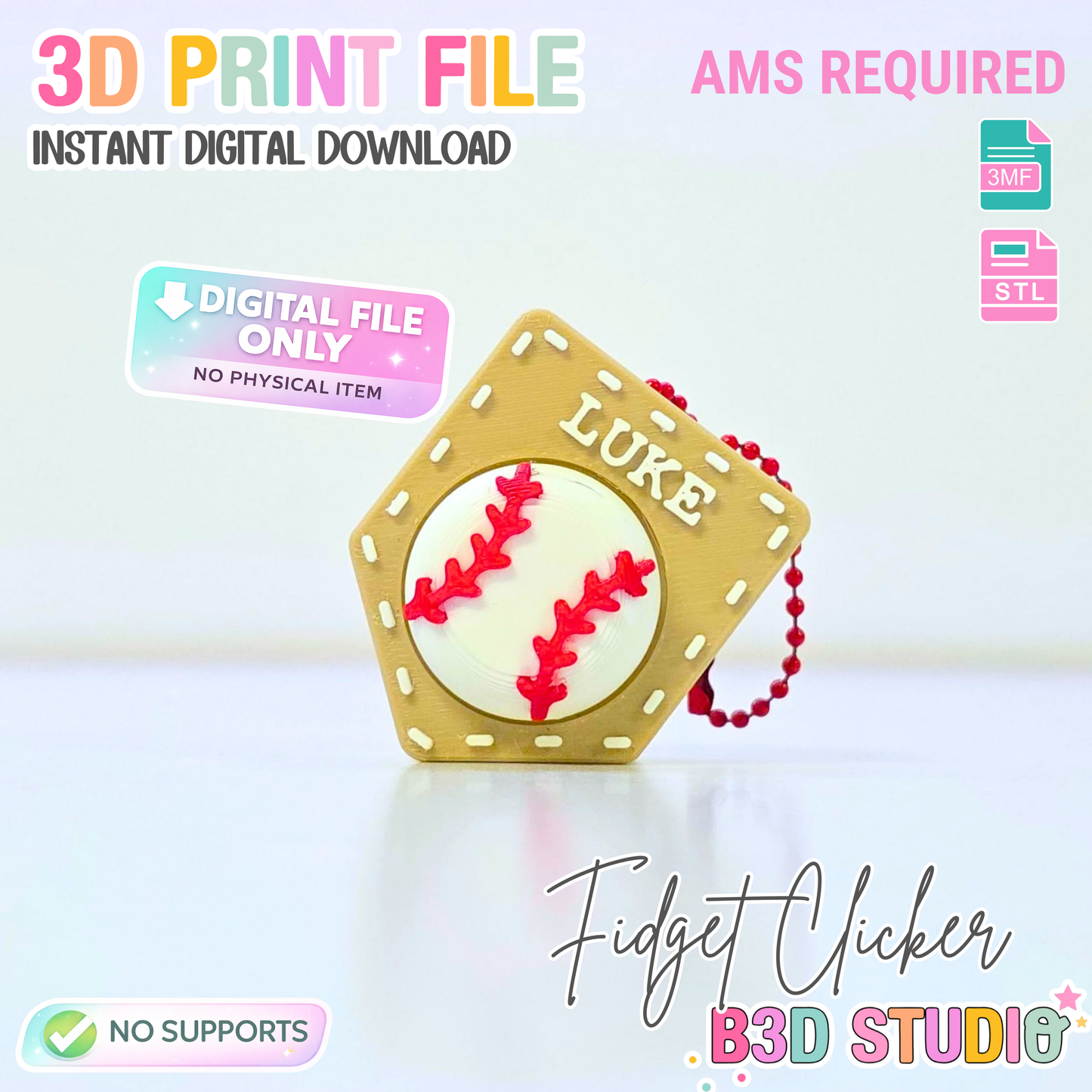 Baseball Softball Home Plate Fidget Clicker STL & 3MF Editable 3D Print File (Digital Download)