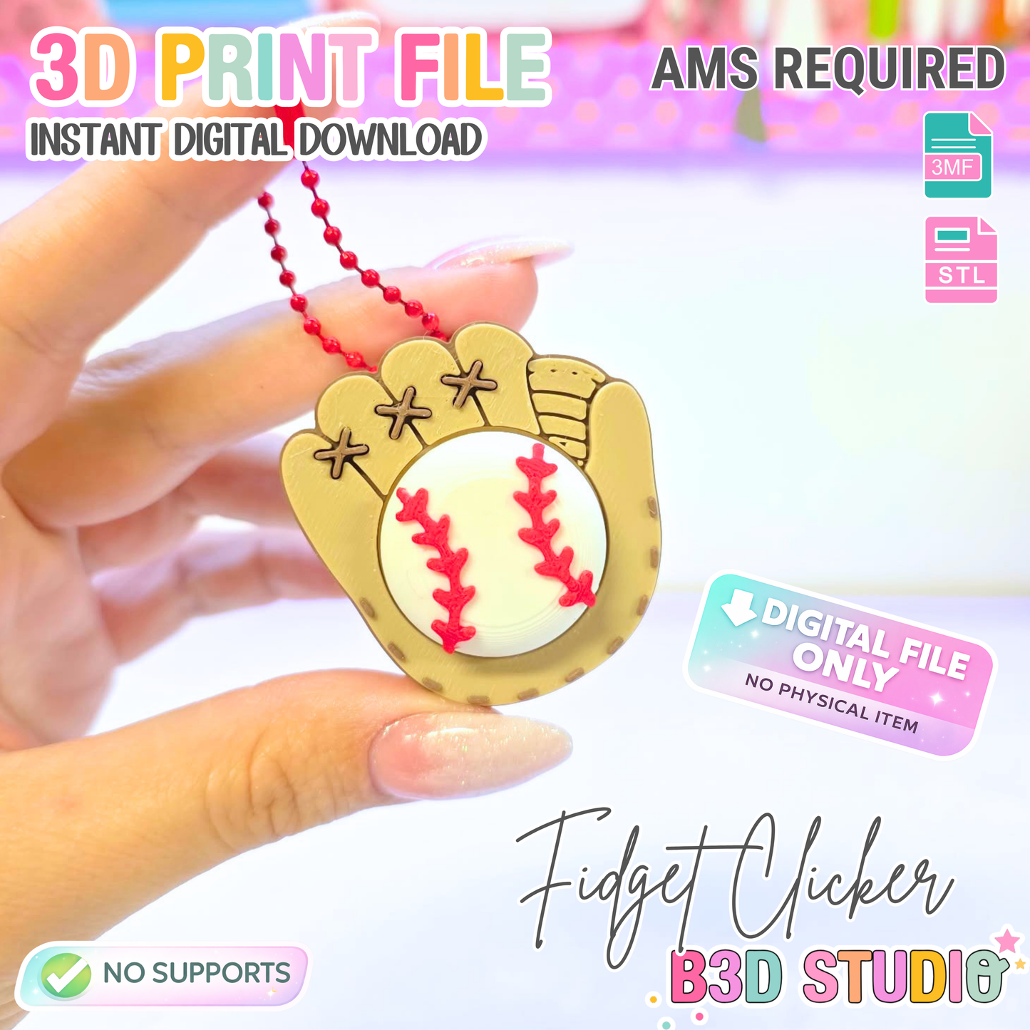 Baseball Softball Glove Fidget Clicker STL & 3MF 3D Print File (Digital Download)