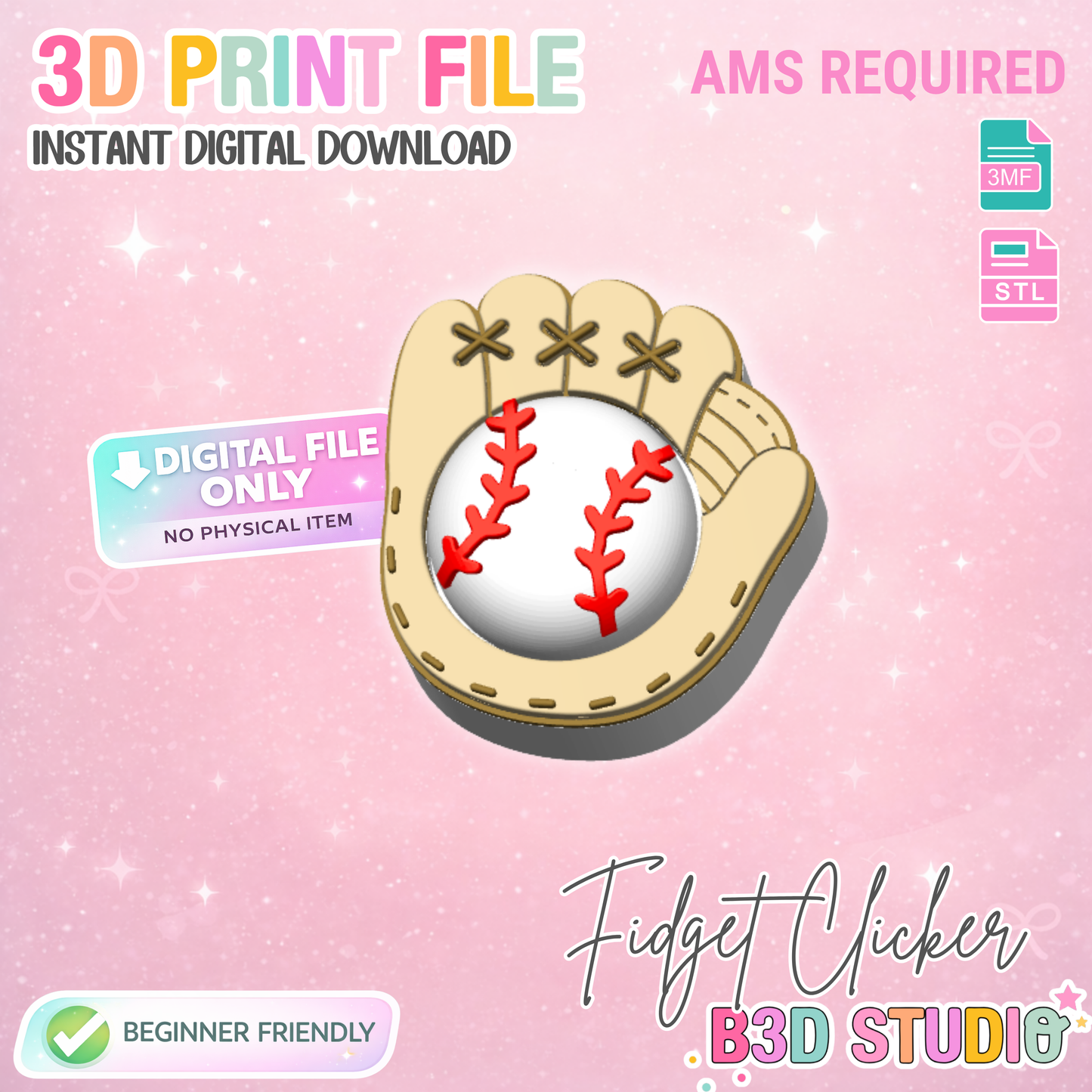 Baseball Softball Glove Fidget Clicker STL & 3MF 3D Print File (Digital Download)