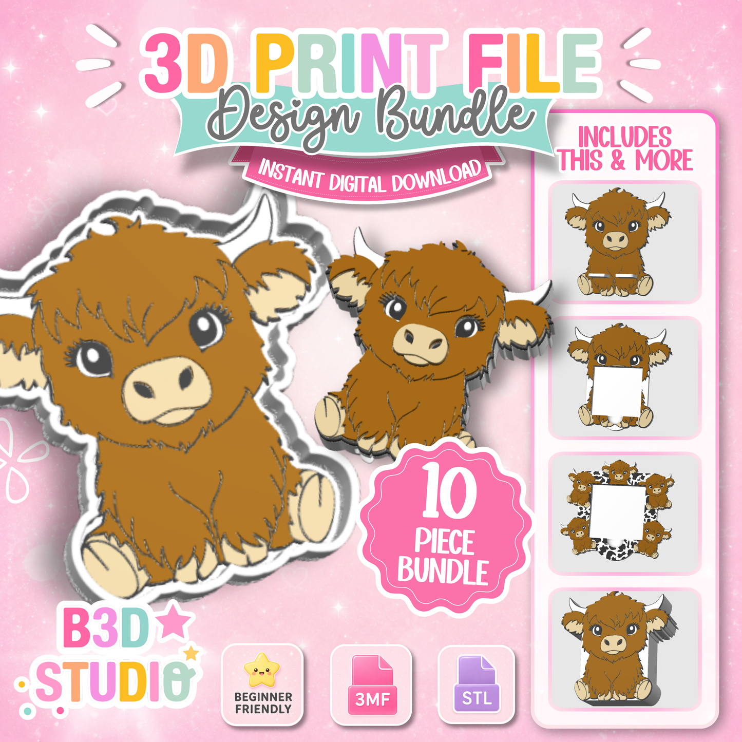 Highland Cow 3D Print File Bundle: 10 Piece Design Set (STL & 3MF Digital Download)