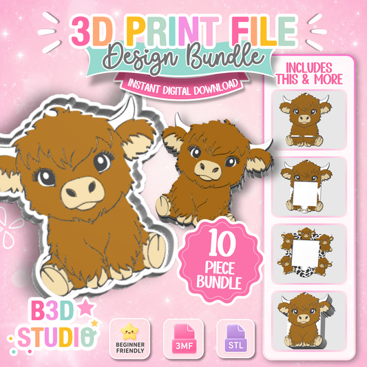 Highland Cow 3D Print File Bundle: 10 Piece Design Set (STL & 3MF Digital Download)