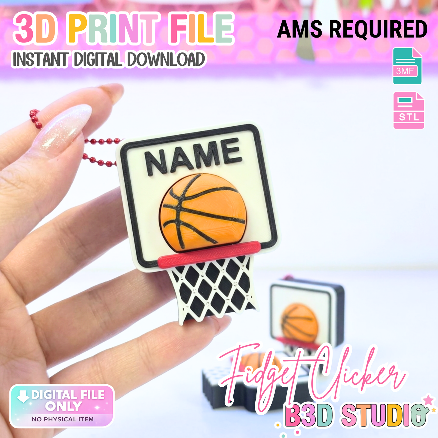 Basketball Hoop Fidget Clicker STL & 3MF 3D Print File - AMS (Digital Download)