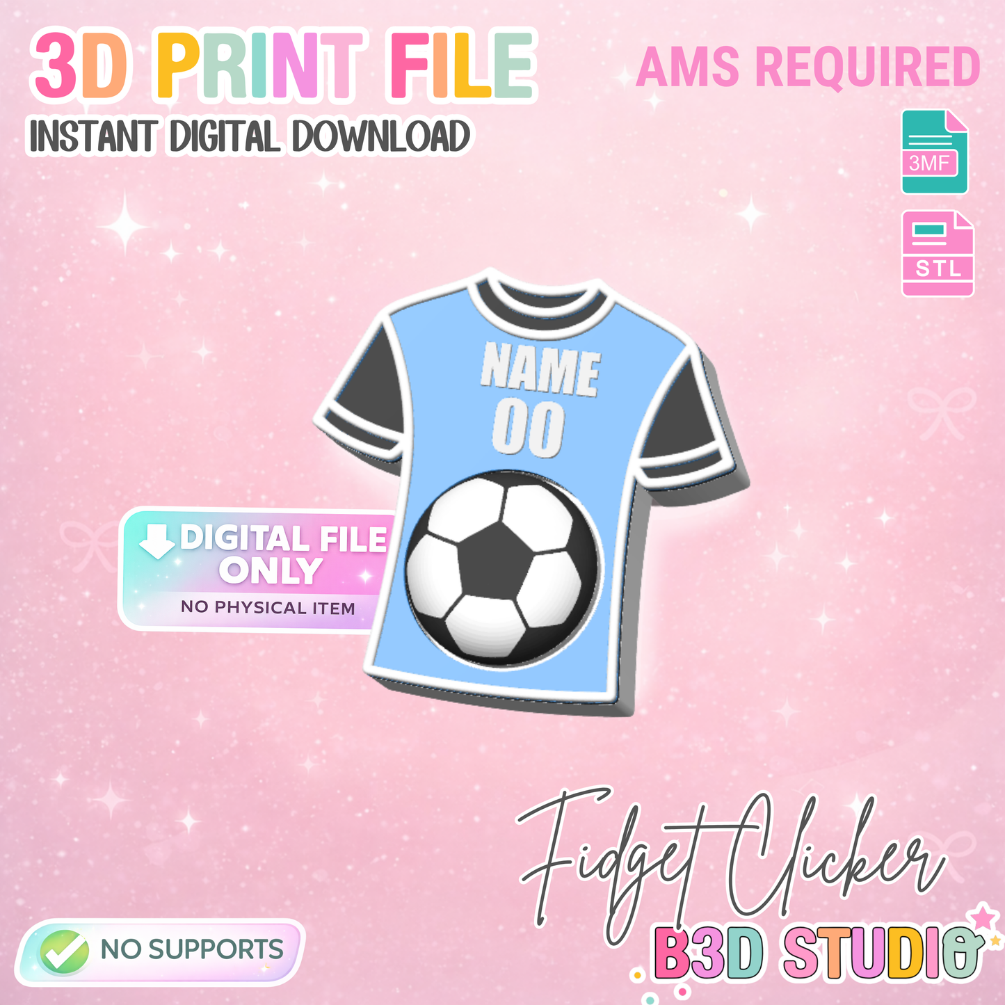 Soccer Jersey Fidget Clicker STL & 3MF Editable Name 3D Print File - AMS (Digital Download)