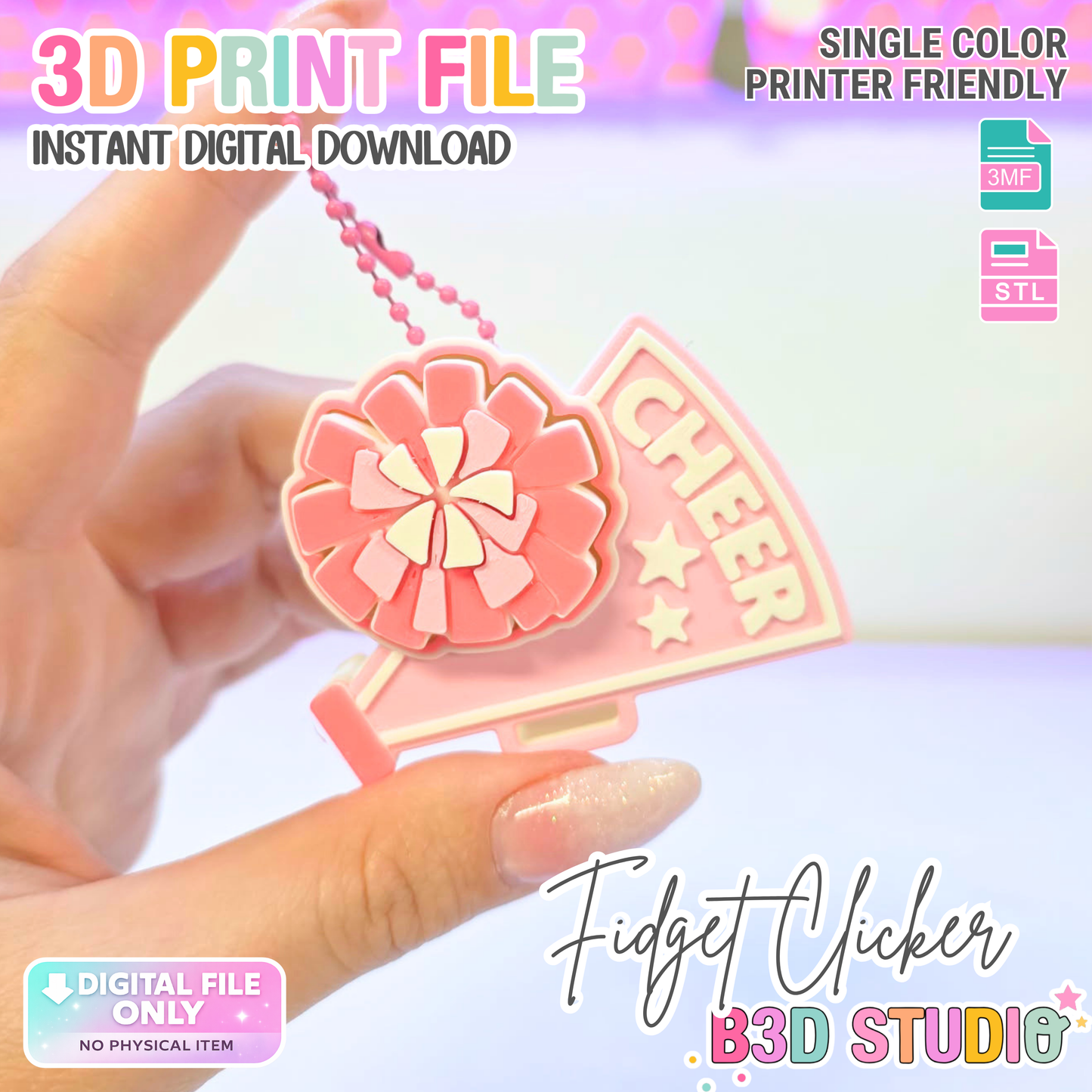 Cheer Fidget Clicker Keychain STL & 3MF 3D Print File (Digital Download)