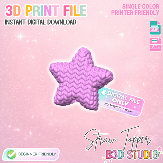 Knit Star Straw Topper 3D Print File (STL & 3MF Digital Download) 8mm + 10mm Sizes