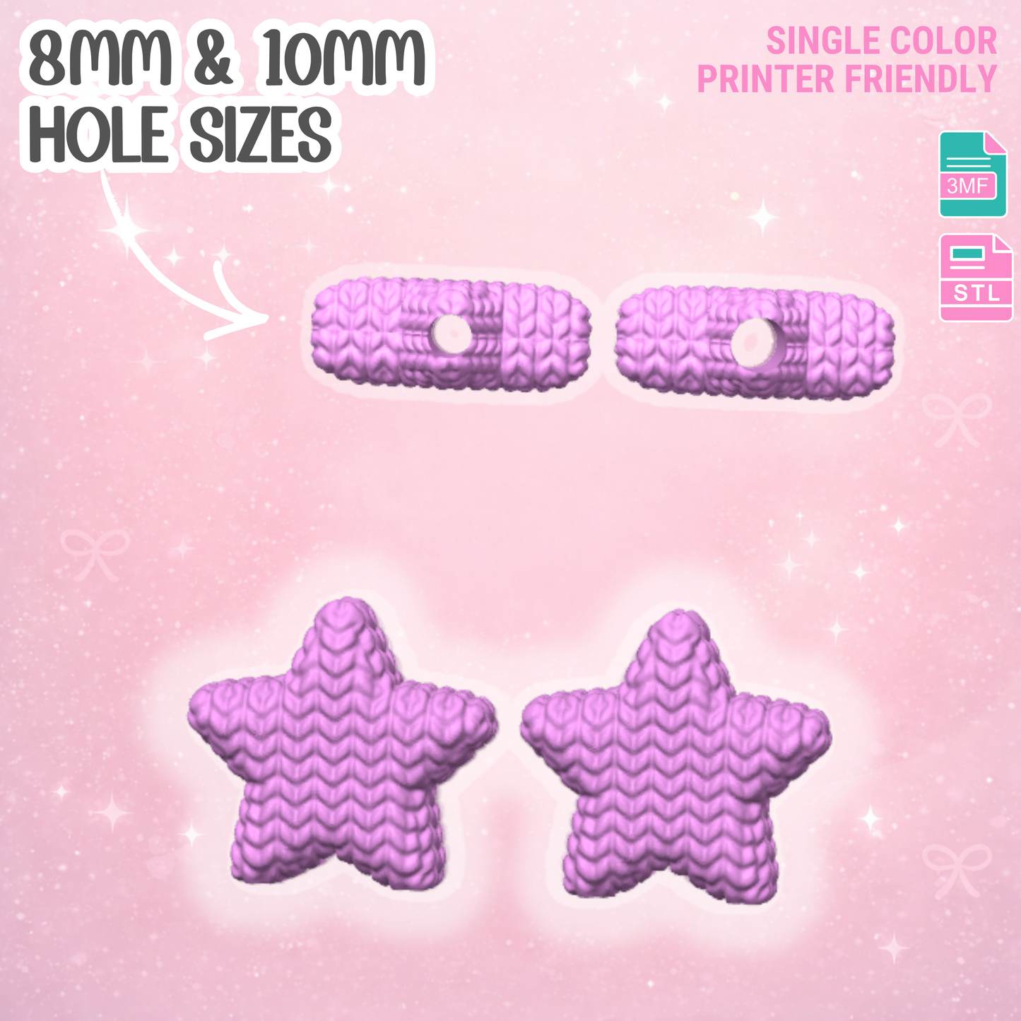 Knit Star Straw Topper 3D Print File (STL & 3MF Digital Download) 8mm + 10mm Sizes