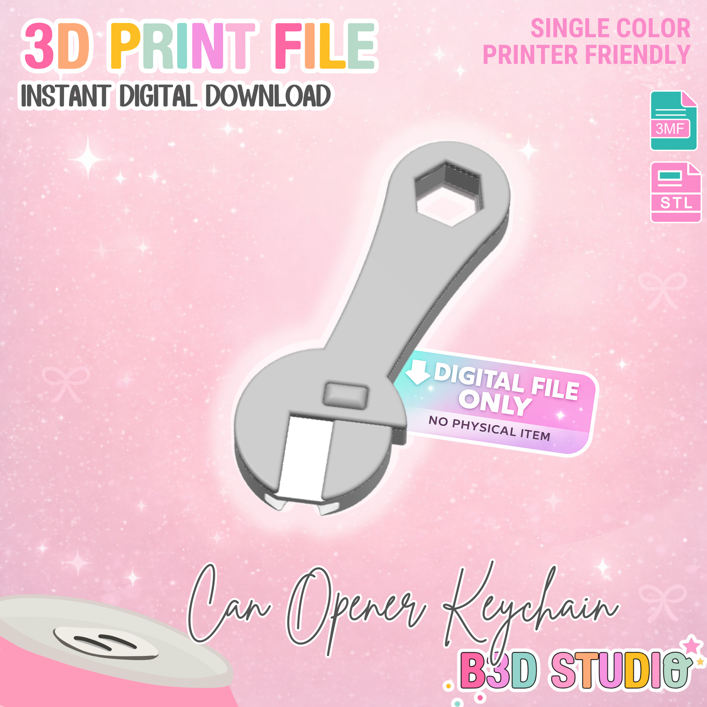 Wrench Can Opener Keychain 3D Print File (STL + 3MF Digital Download)