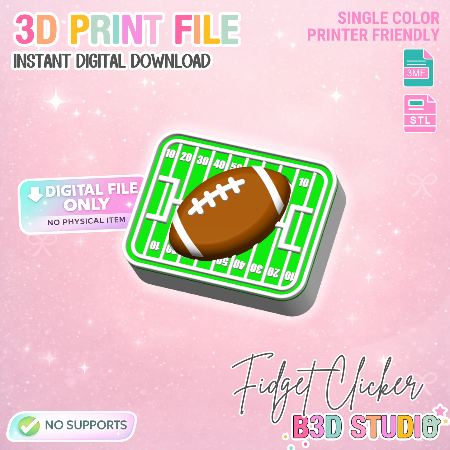 Football Field Fidget Clicker STL & 3MF 3D Print File (Digital Download)