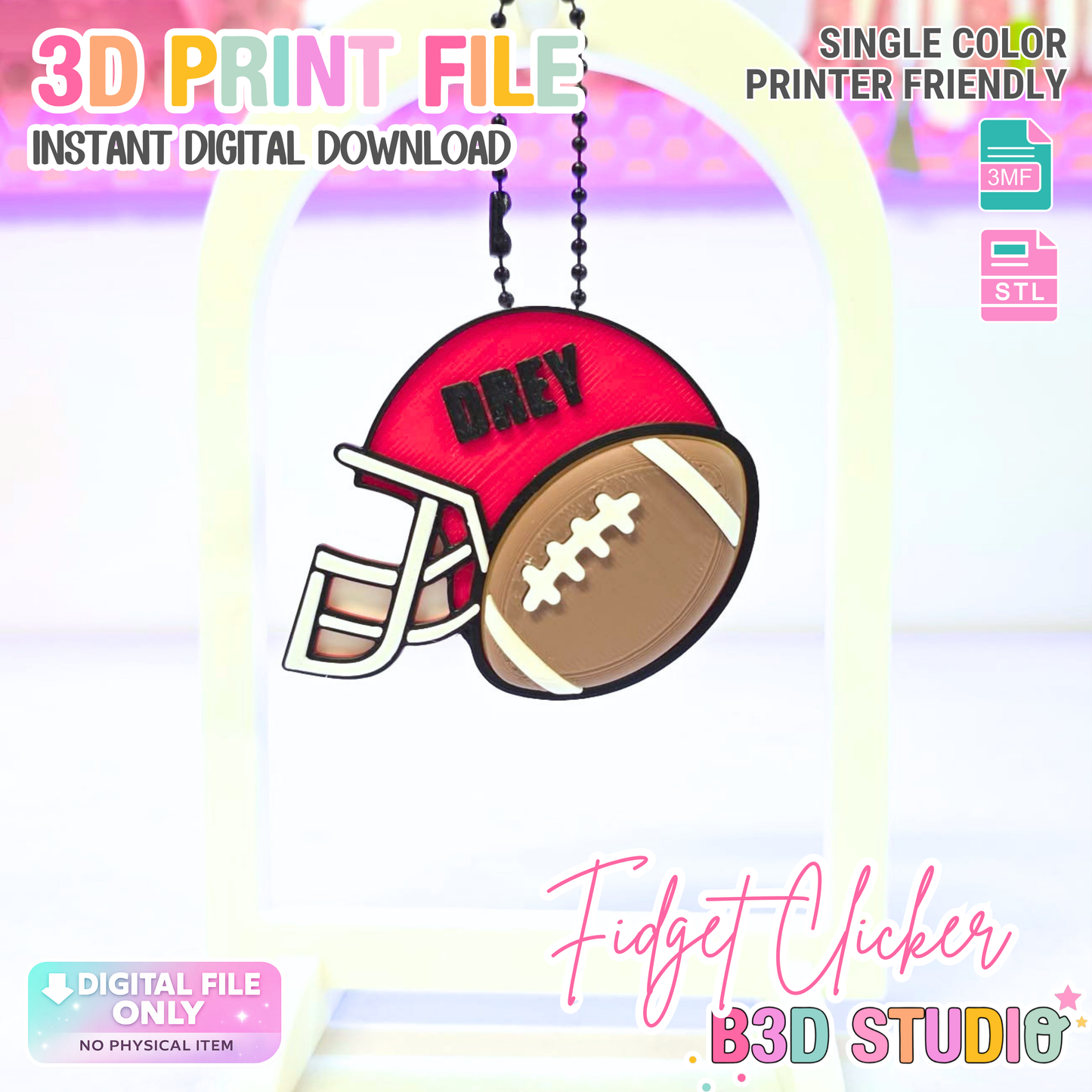 Football Helmet Fidget Clicker STL & 3MF Editable Name 3D Print File (Digital Download)