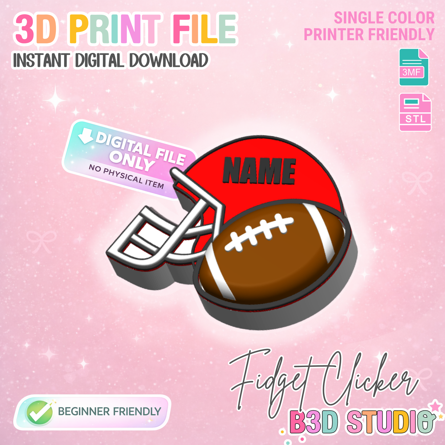 Football Helmet Fidget Clicker STL & 3MF Editable Name 3D Print File (Digital Download)