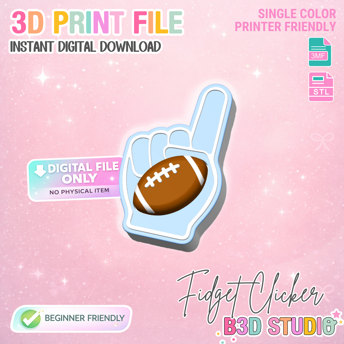 Football Foam Finger Fidget Clicker STL & 3MF 3D Print File (Digital Download)