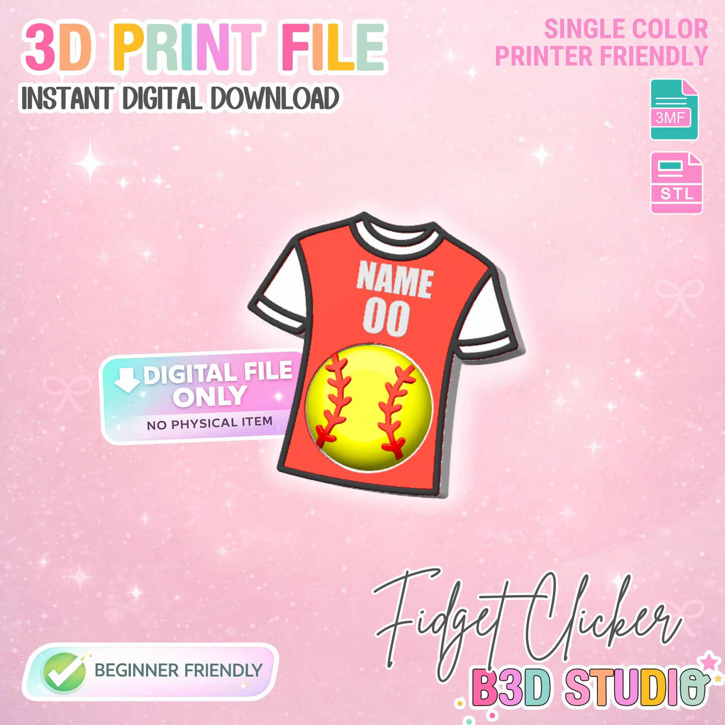 Baseball Softball Jersey Fidget Clicker STL & 3MF Editable 3D Print File (Digital Download)
