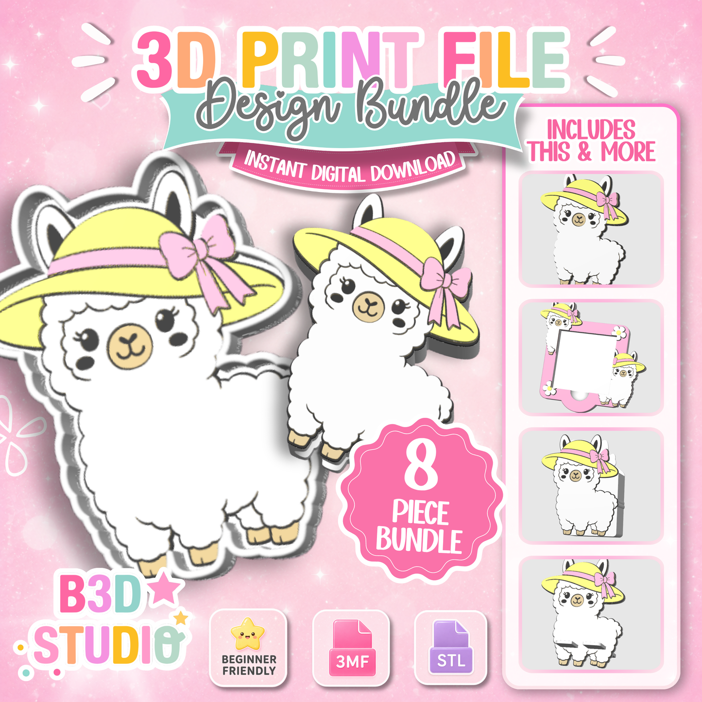 Summer Llama Bundle 3D Print File Bundle: 8 Piece Design Set (STL & 3MF Digital Download)