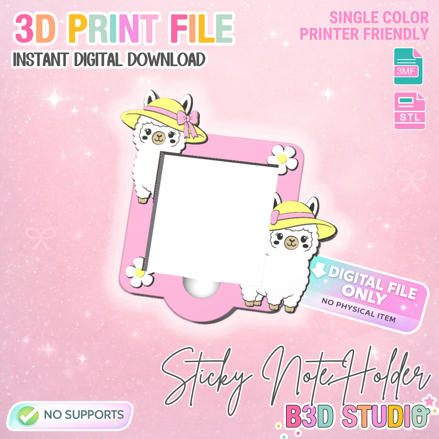 Summer Llama Sticky Note Holder: Desk Organizer 3D Print File STL & 3MF (Digital Download)