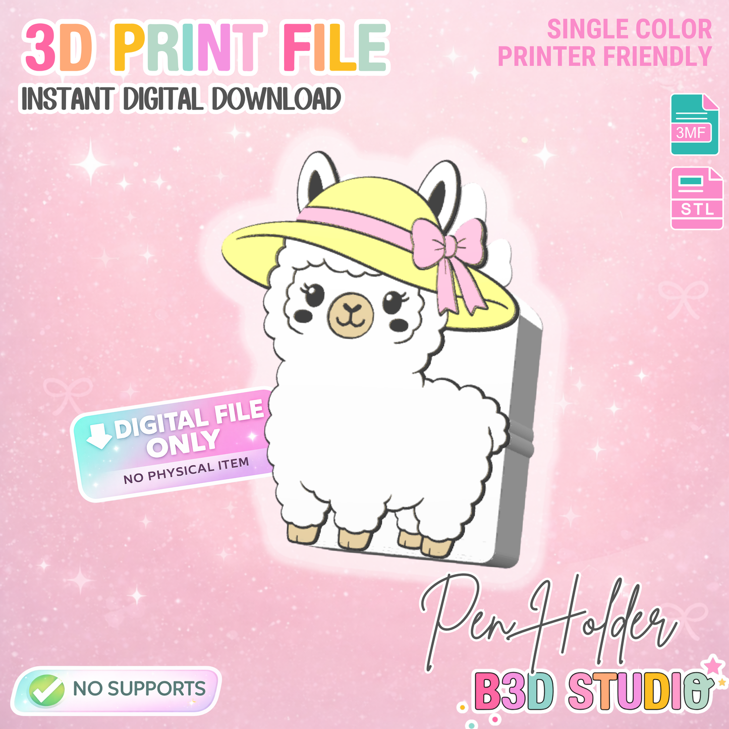 Summer Llama Pen Holder: 3D Print STL & 3MF File (Digital Download)