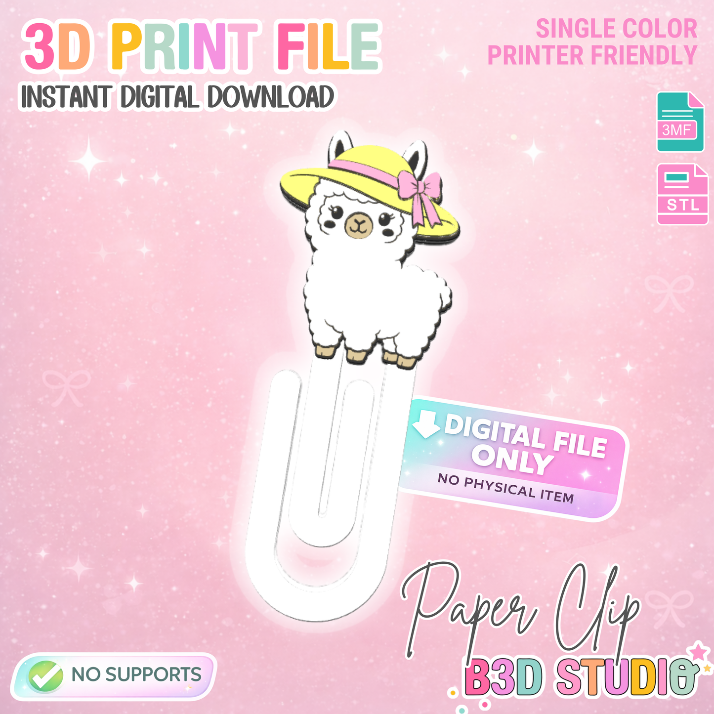 Summer Llama Paper Clip 3D Print File (STL & 3MF Digital Download)
