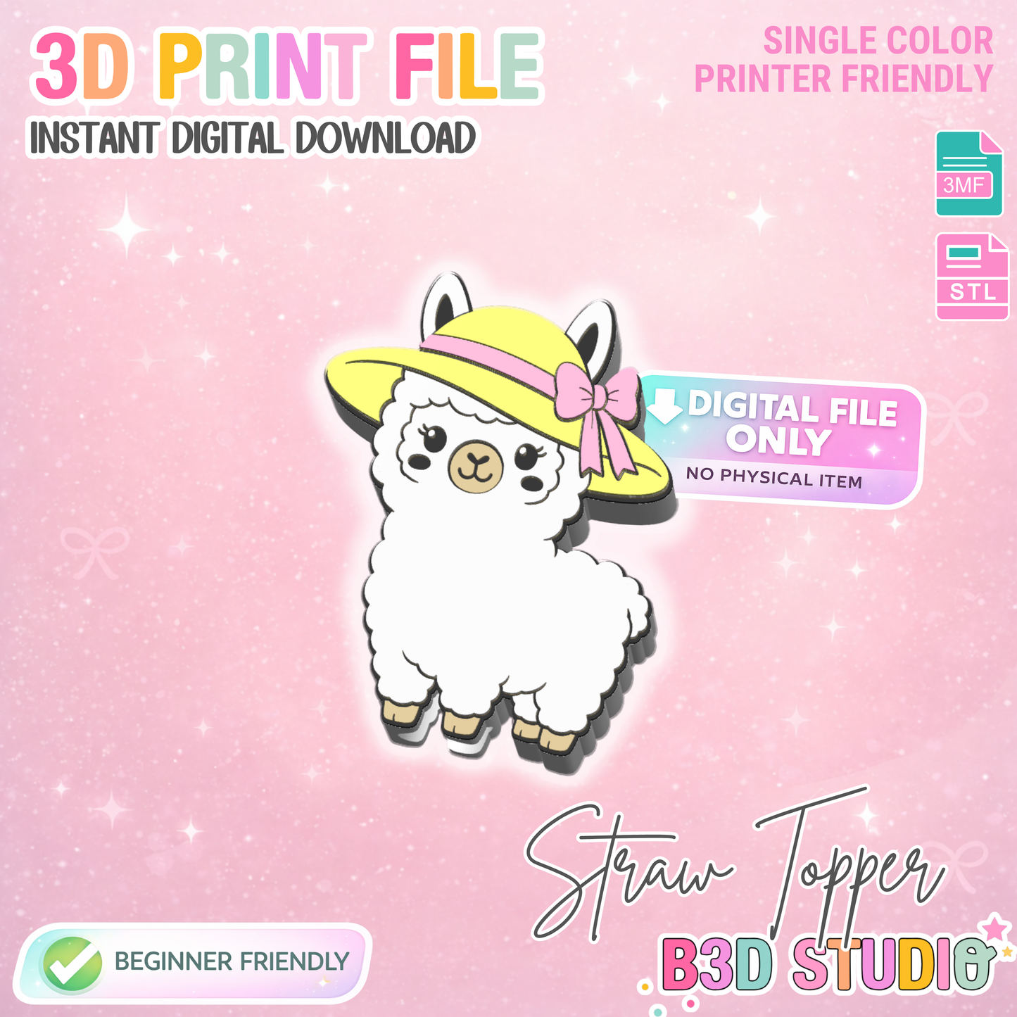 Summer Llama Straw Topper 3D Print File (STL & 3MF Digital Download) 8mm + 10mm Sizes