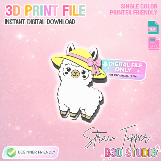 Summer Llama Straw Topper 3D Print File (STL & 3MF Digital Download) 8mm + 10mm Sizes