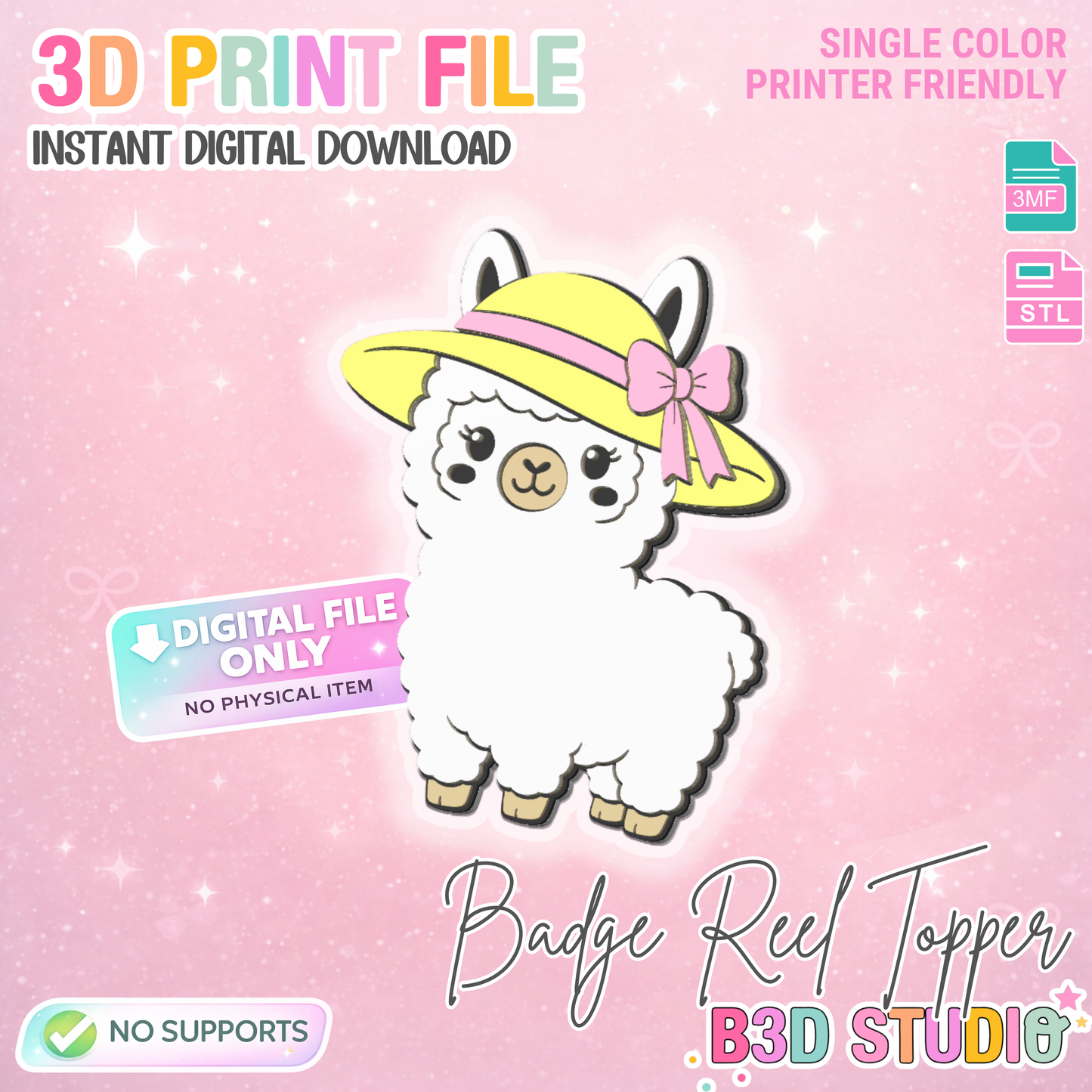 Summer Llama Flat Back Topper 3D Print File (STL & 3MF Digital Download)