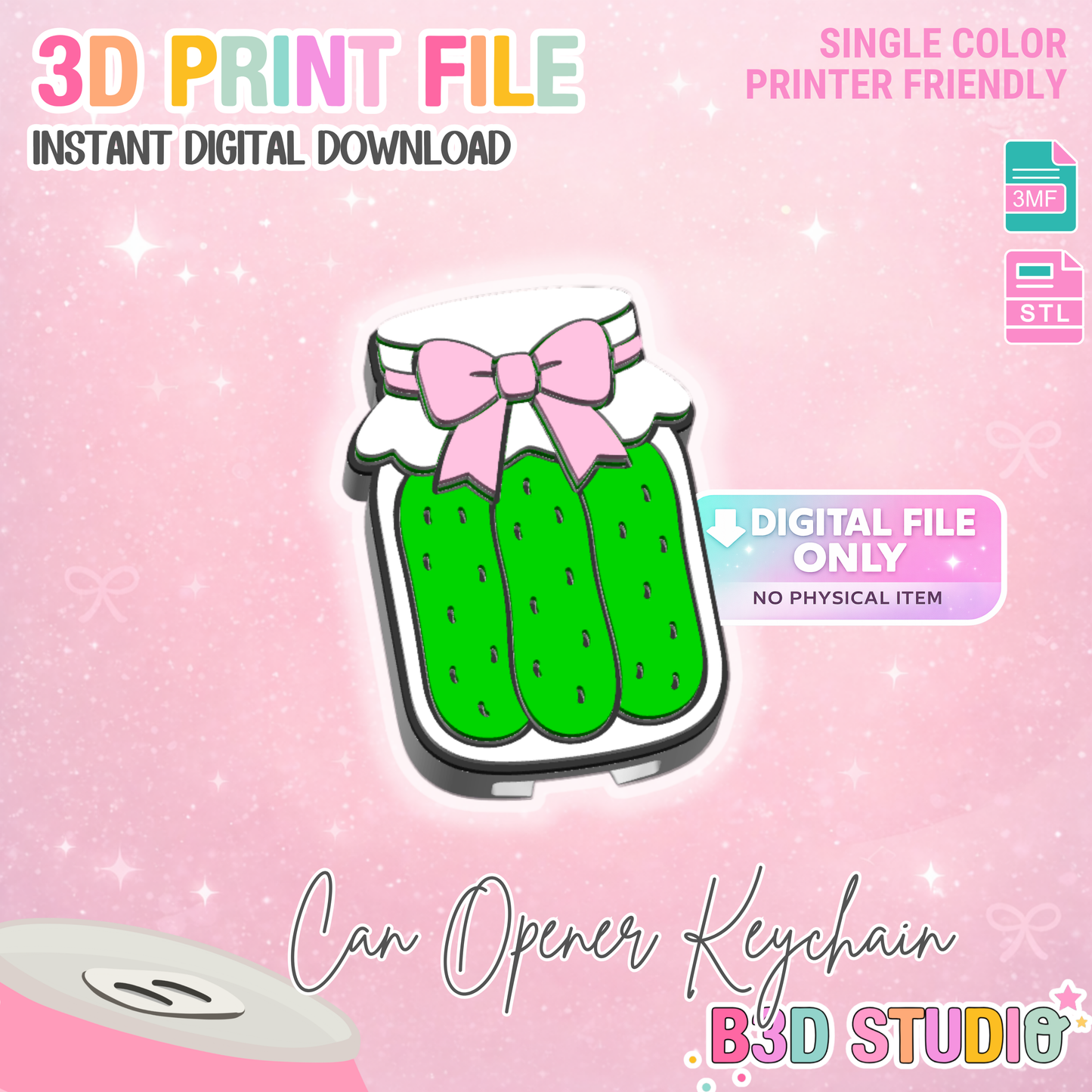 Pickle Jar Can Opener Keychain 3D Print File (STL + 3MF Digital Download)