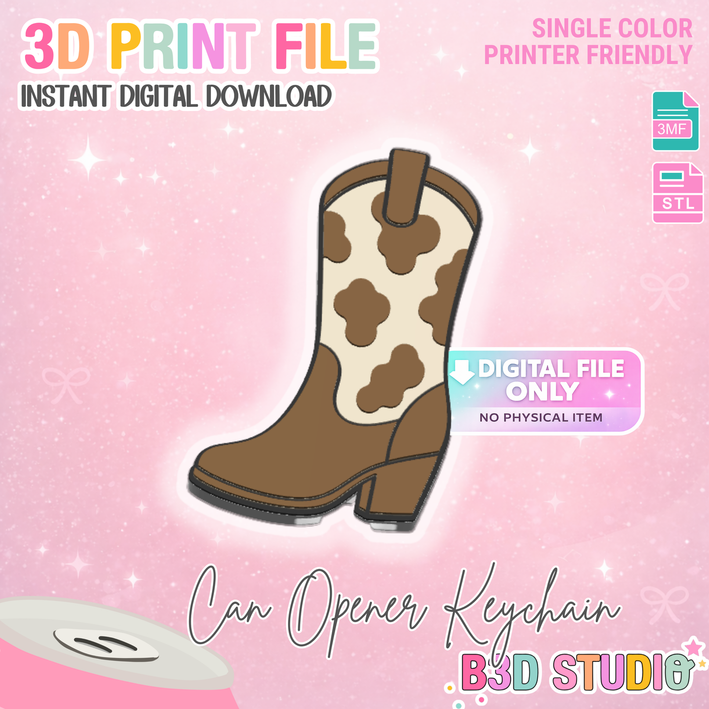 Cow Print Cowboy Boot Can Opener Keychain 3D Print File (STL + 3MF Digital Download)