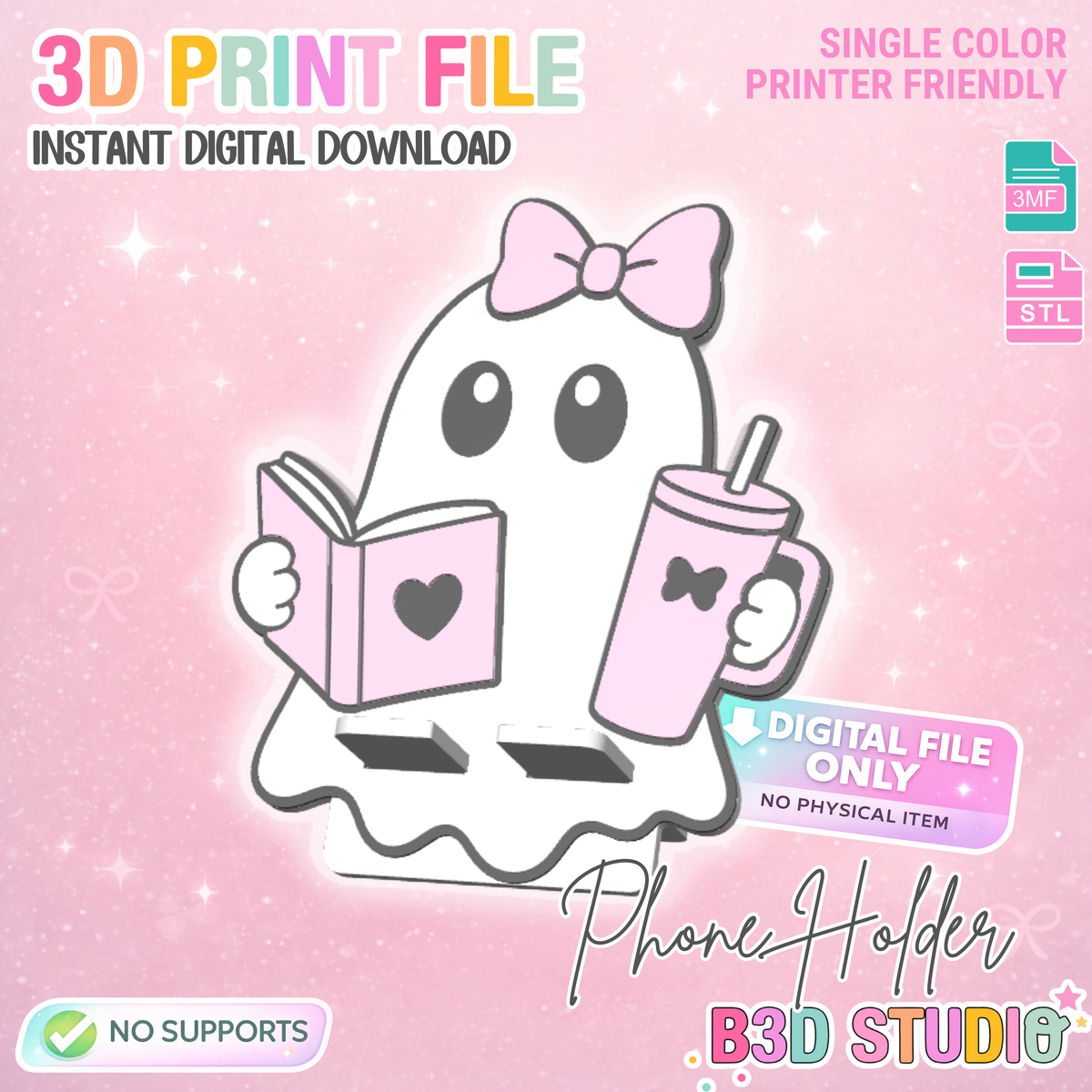 Bookish Ghost Phone Holder 3D Print File (STL/3MF Digital Download)