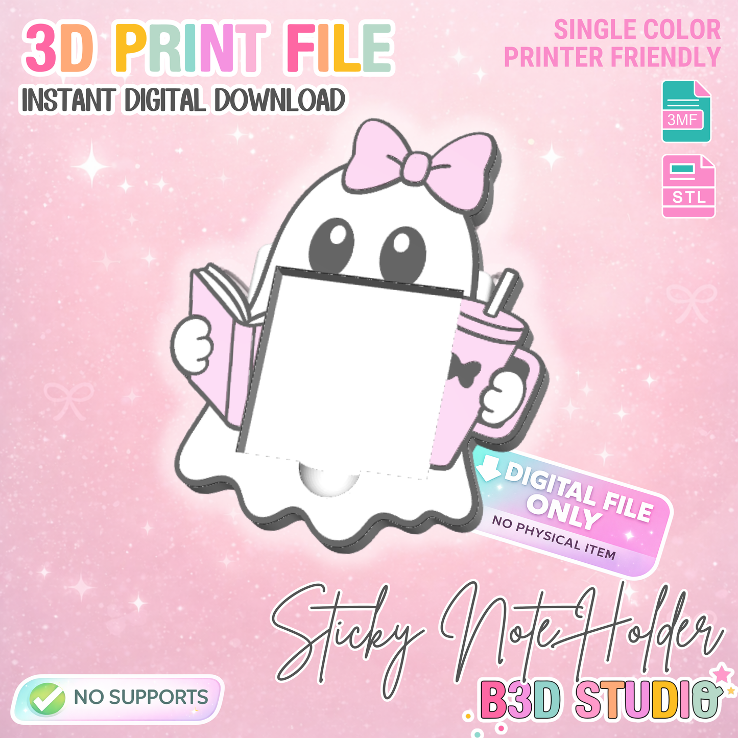 Bookish Ghost Sticky Note Holder: Desk Decor 3D Print File (STL/3MF Digital Download)