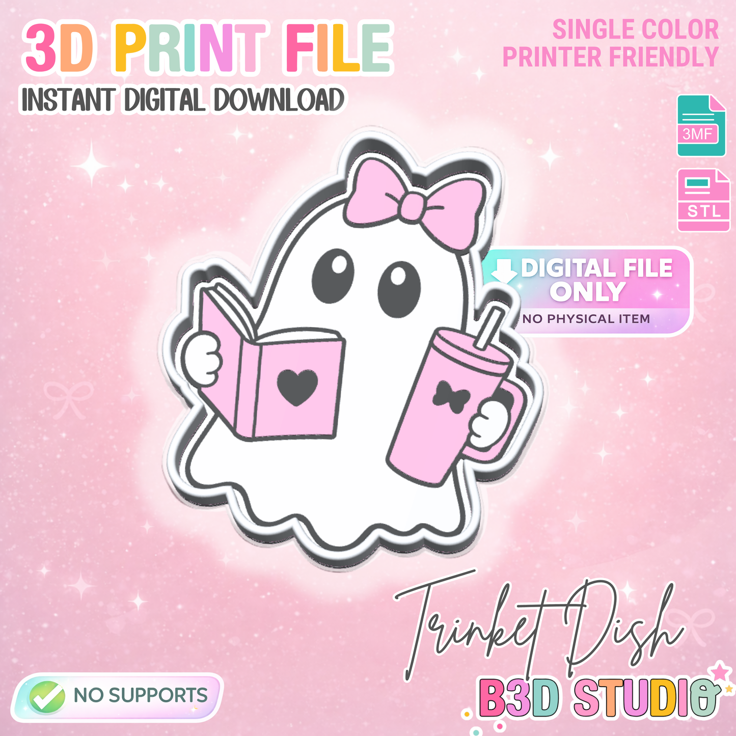 Bookish Ghost Trinket Dish 3D Print File – Desk Organizer (STL/3MF Download)