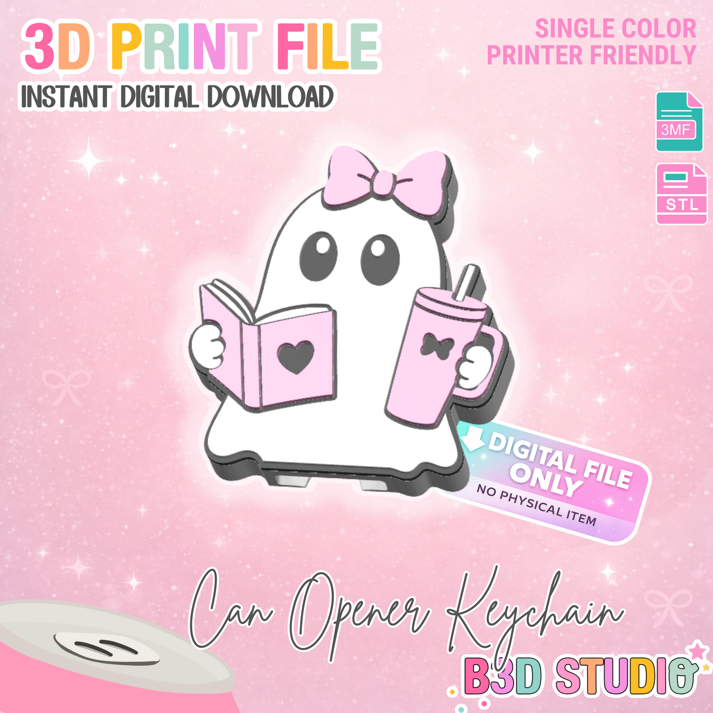 Bookish Ghost Can Opener Keychain 3D Print File (STL + 3MF Digital Download)