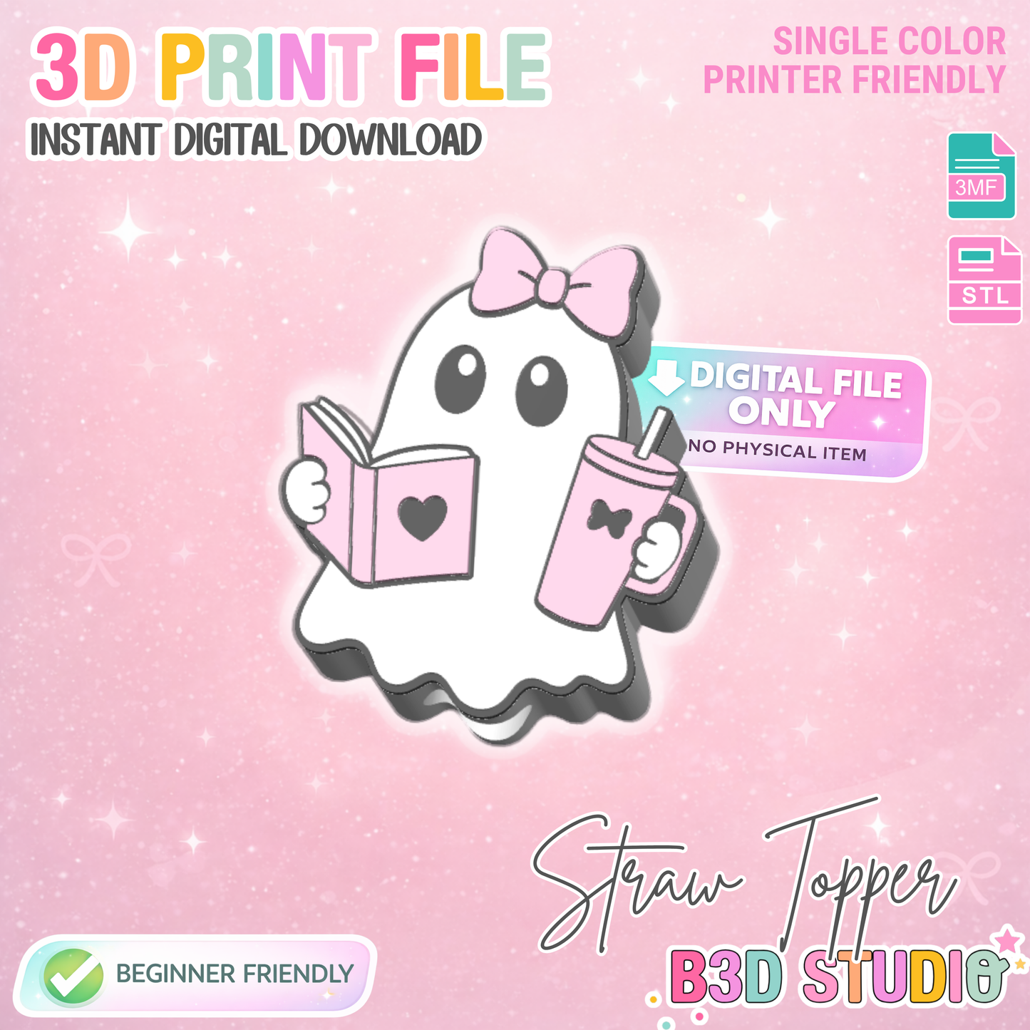 Bookish Ghost Straw Topper 3D Print File (STL & 3MF Digital Download) 8mm + 10mm Sizes