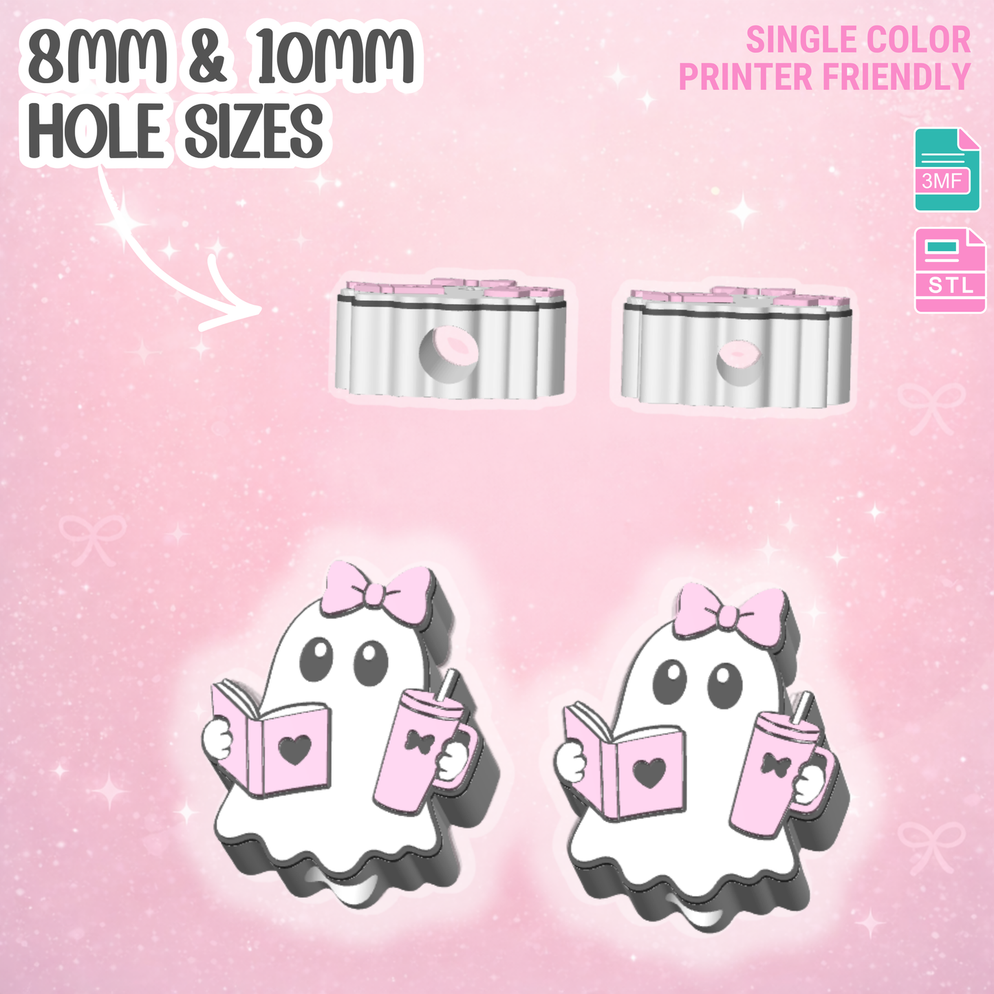 Bookish Ghost Straw Topper 3D Print File (STL & 3MF Digital Download) 8mm + 10mm Sizes
