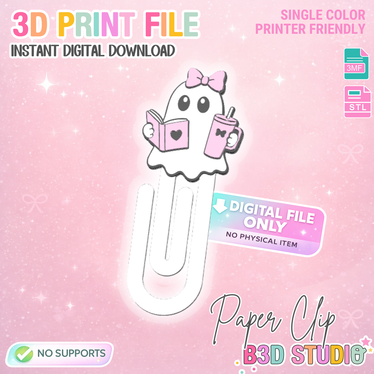 Bookish Ghost Paper Clip 3D Print File (STL & 3MF Digital Download)
