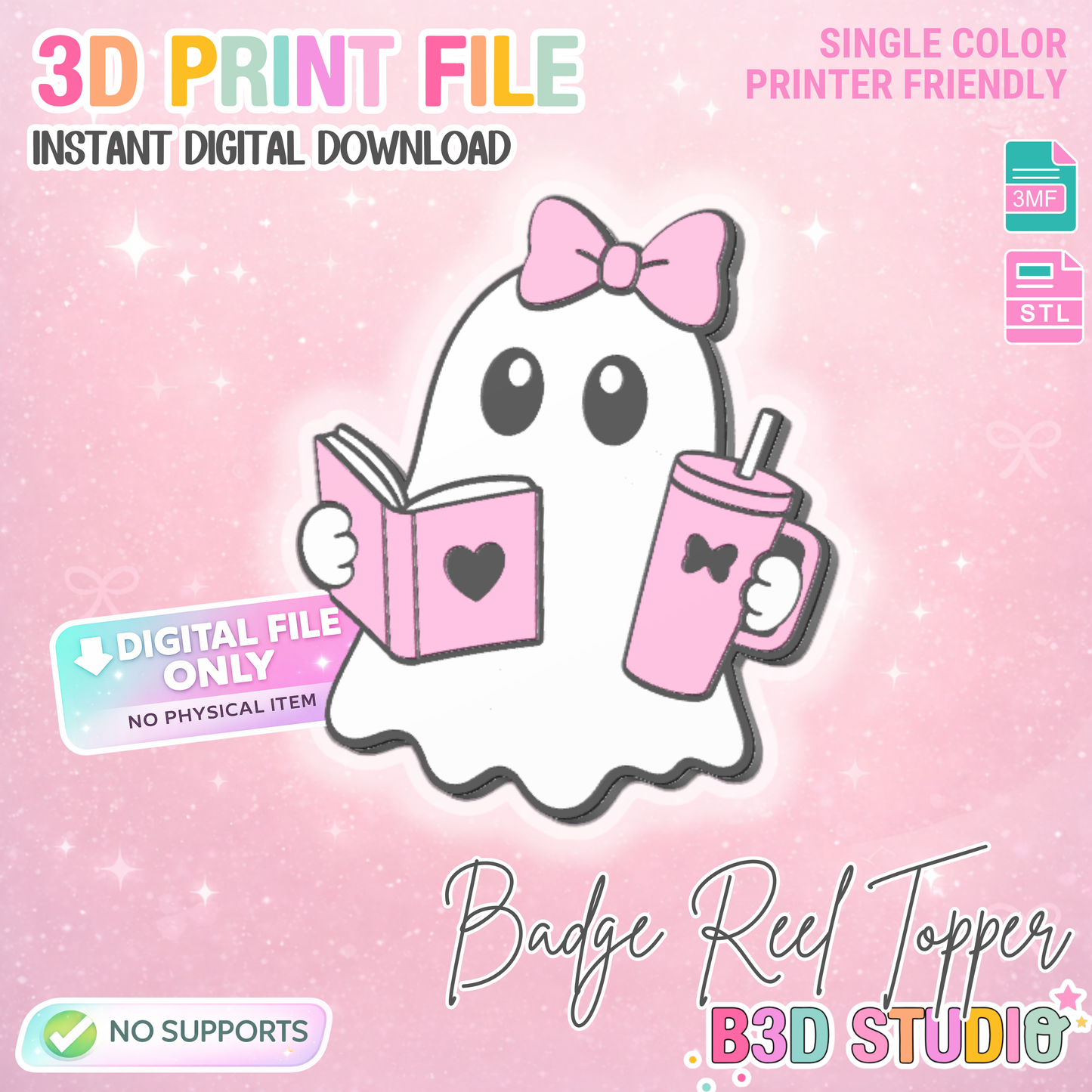 Bookish Ghost Flat Back Topper 3D Print File (STL & 3MF Digital Download)