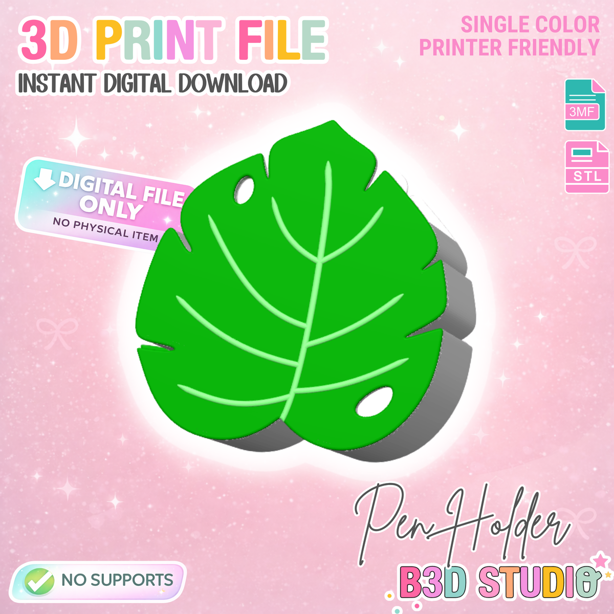 Monstera Leaf Pen Holder: 3D Print STL & 3MF File (Digital Download)