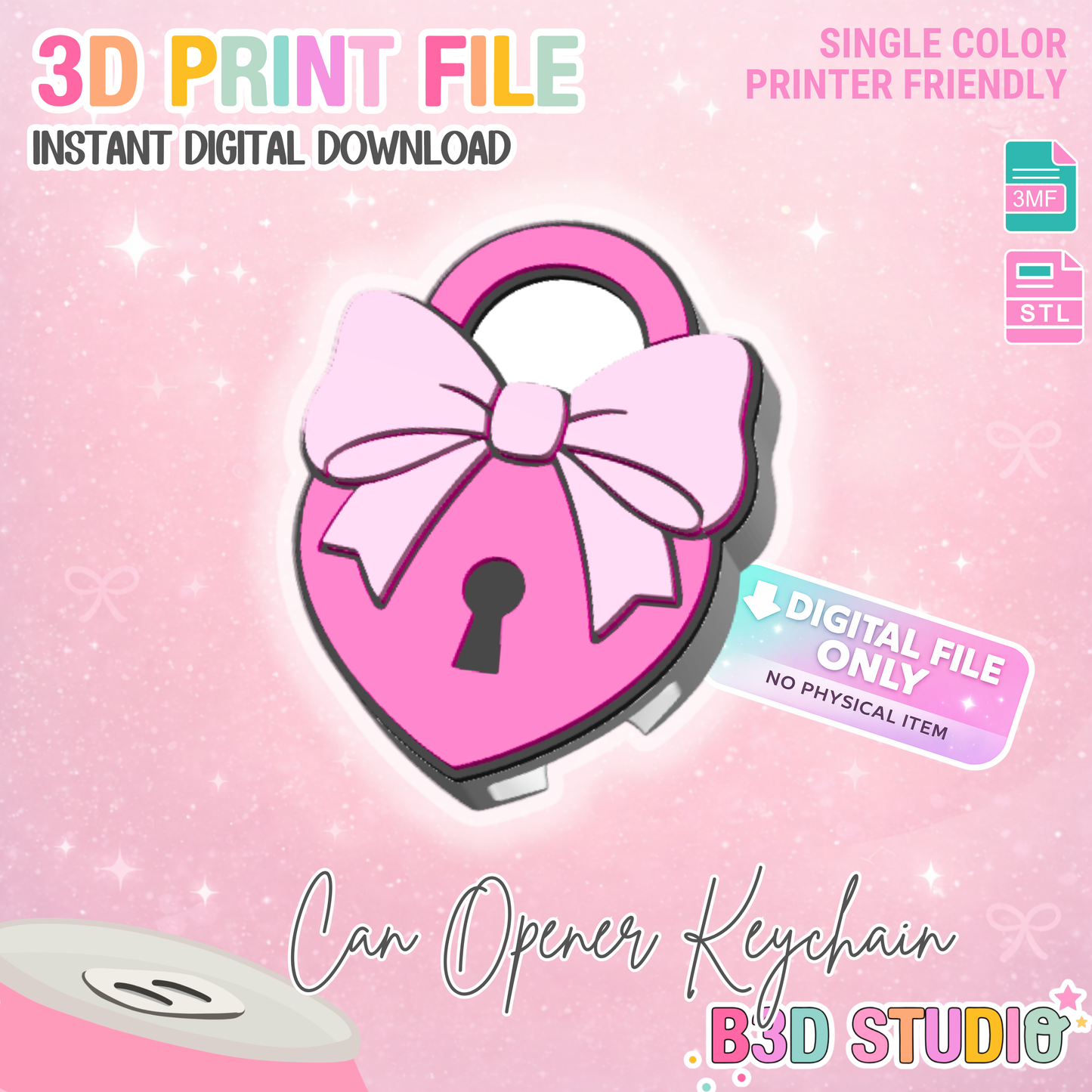 Heart Lock Can Opener Keychain 3D Print File (STL + 3MF Digital Download)