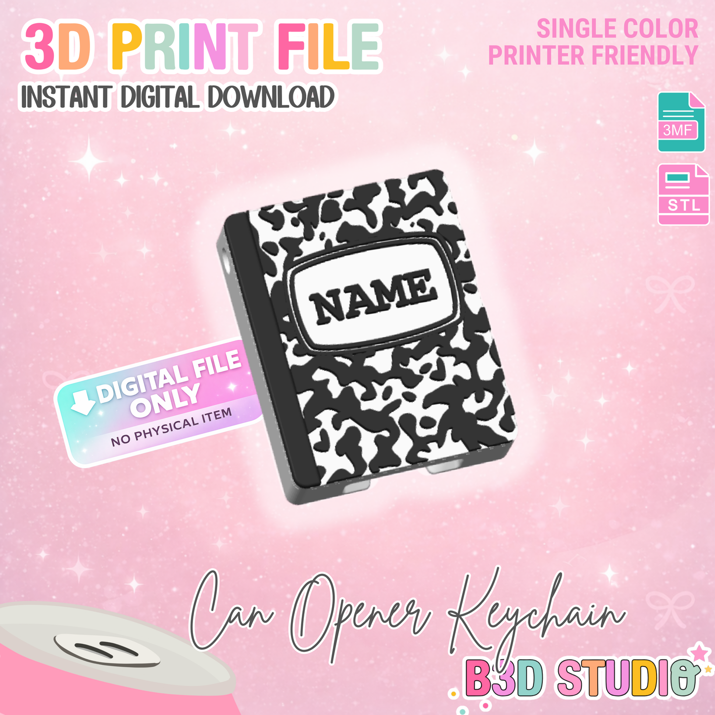 Composition Book Can Opener Keychain 3D Print File (STL + 3MF Digital Download)