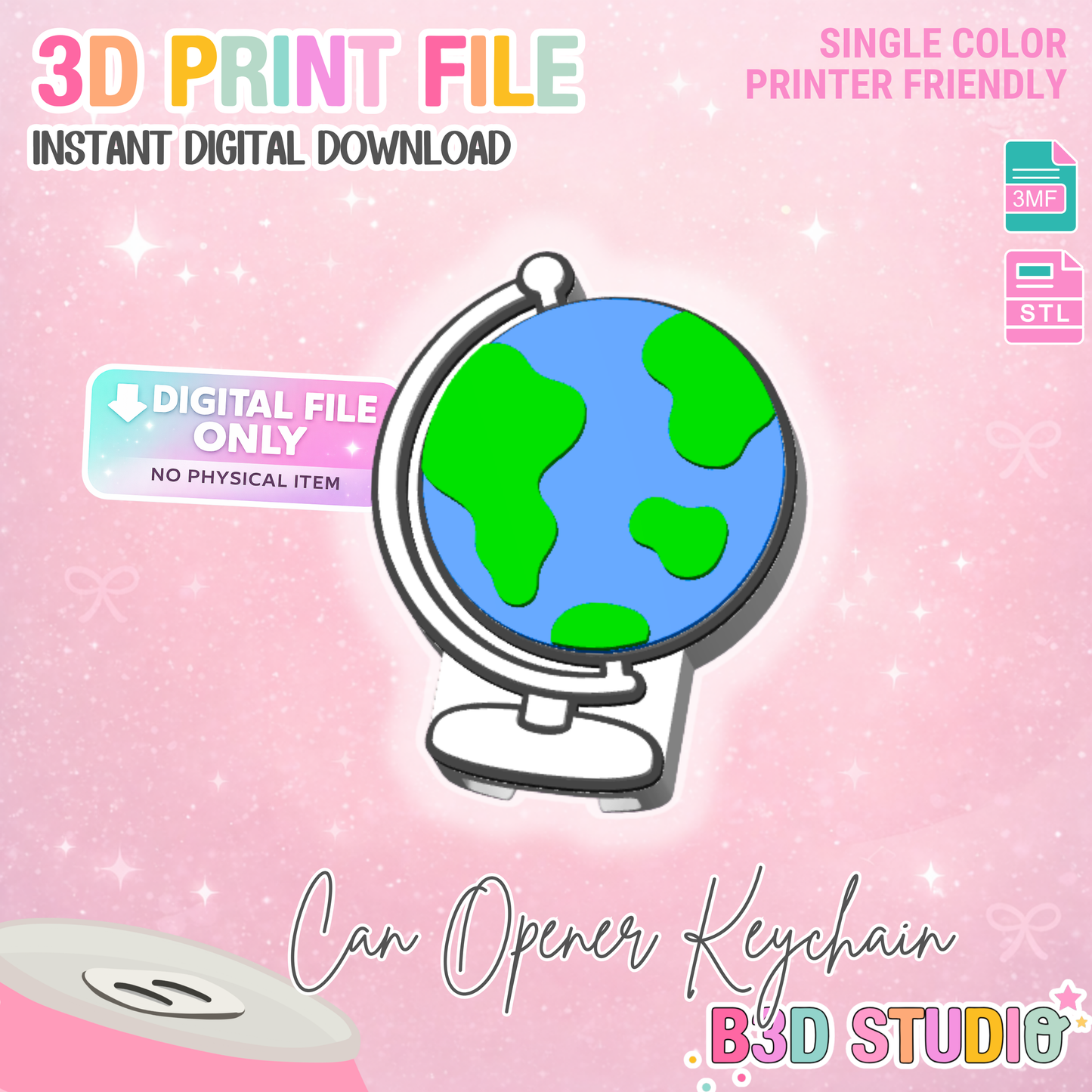 Globe Can Opener Keychain 3D Print File (STL + 3MF Digital Download)