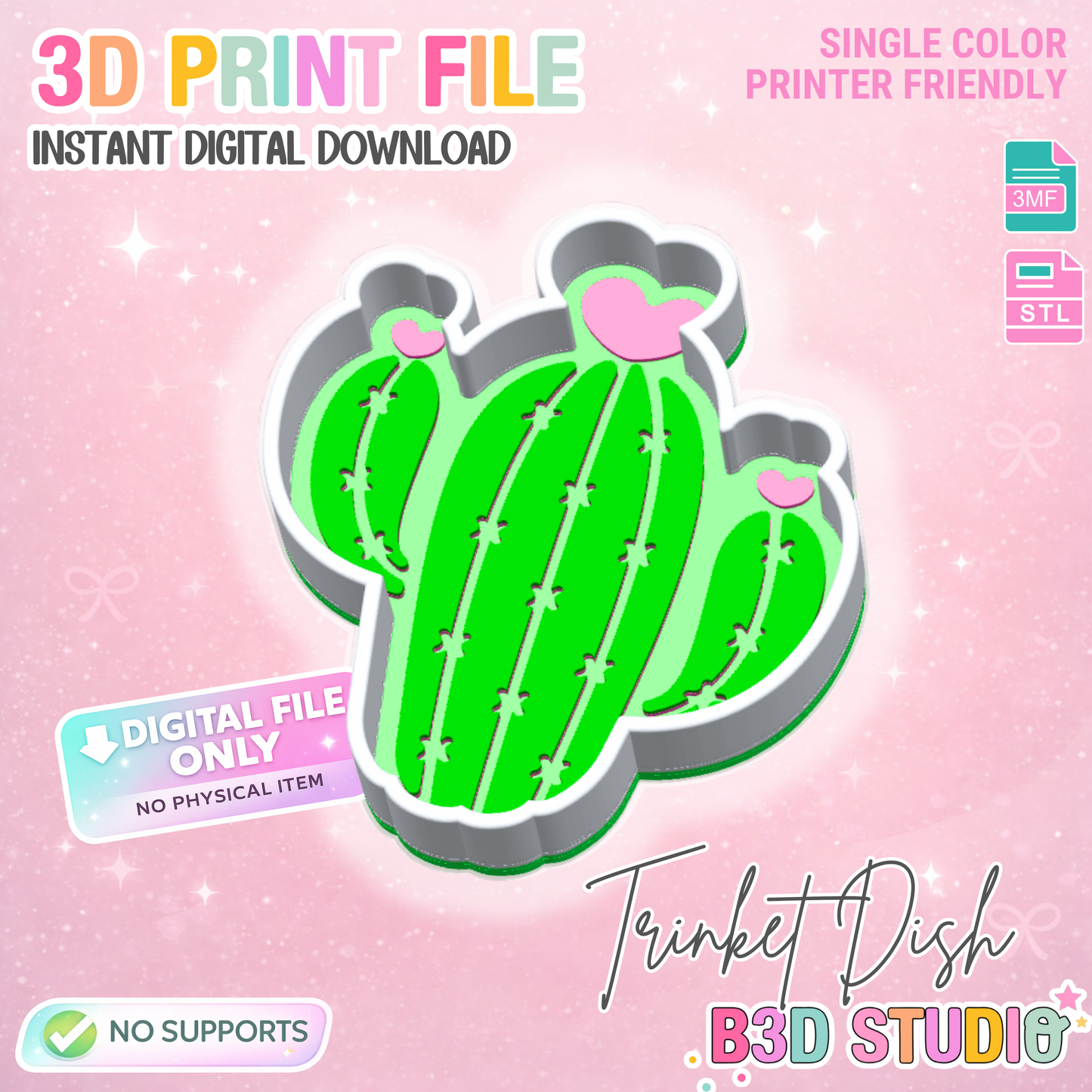 Heart Cactus Trinket Dish 3D Print File Desk Organization (STL & 3MF Digital Download)