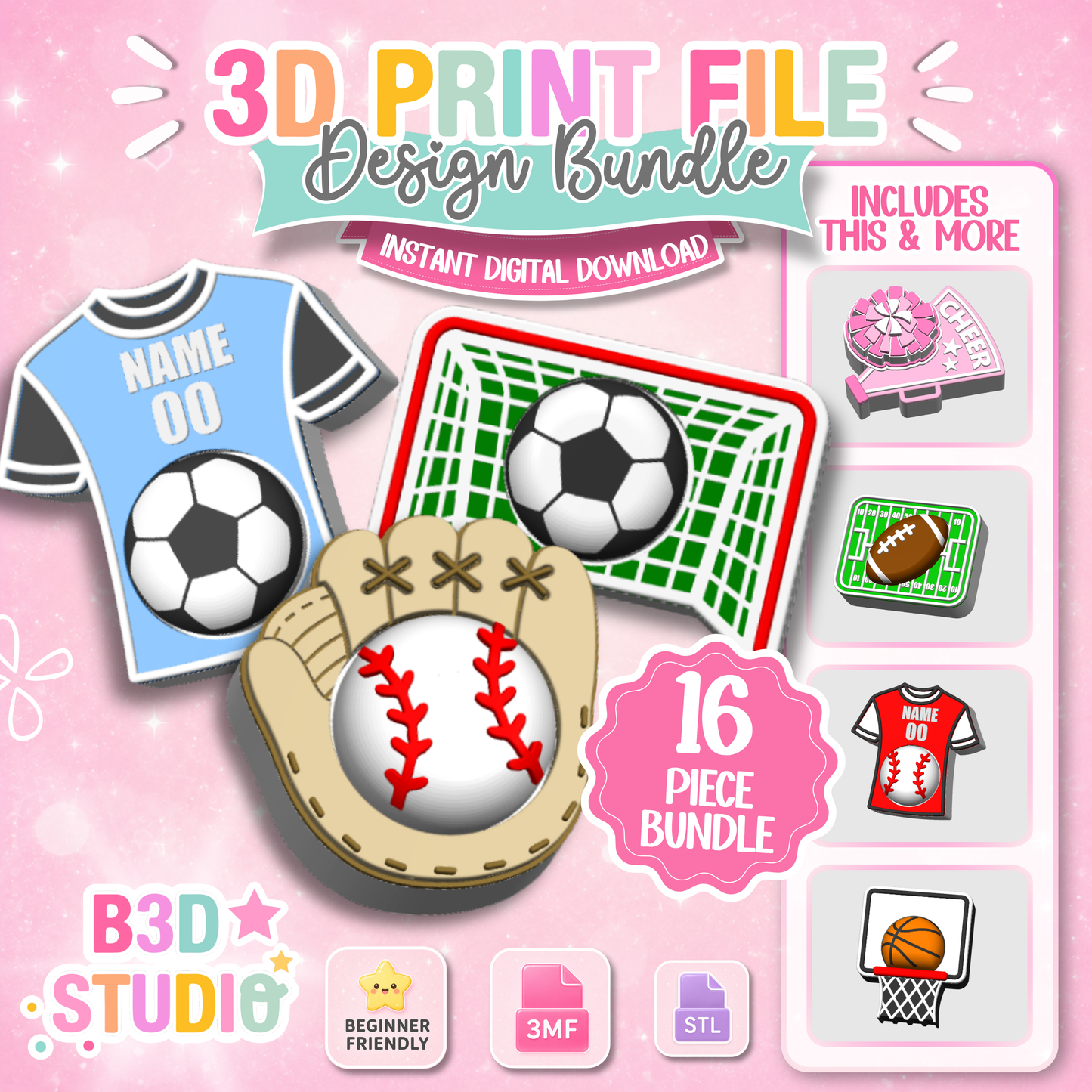 Sports Fidget Clicker Keychain Bundle 16 Piece STL & 3MF 3D Print File Set (Digital Download)