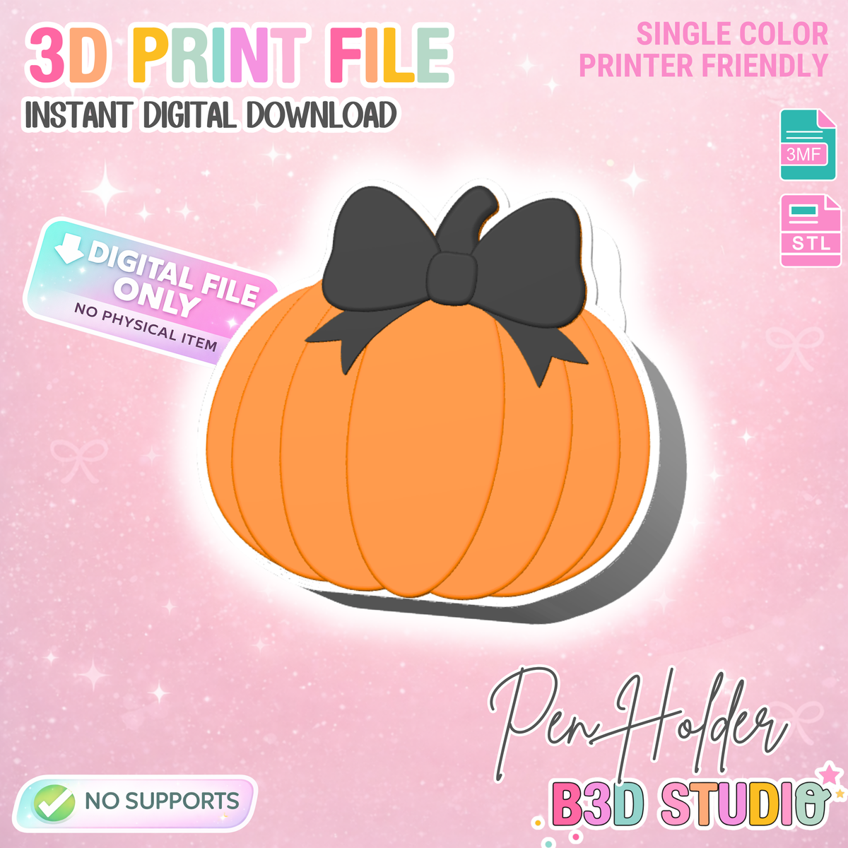 Bow Pumpkin Pen Holder: 3D Print STL & 3MF File (Digital Download)