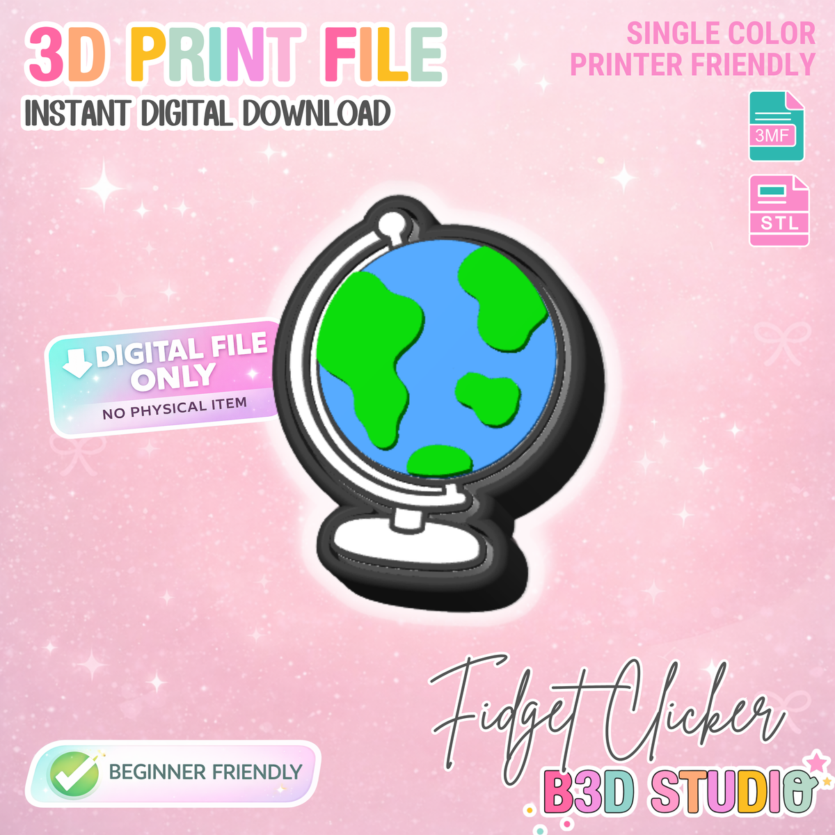 Globe Fidget Clicker Keychain STL & 3MF 3D Print File (Digital Download)